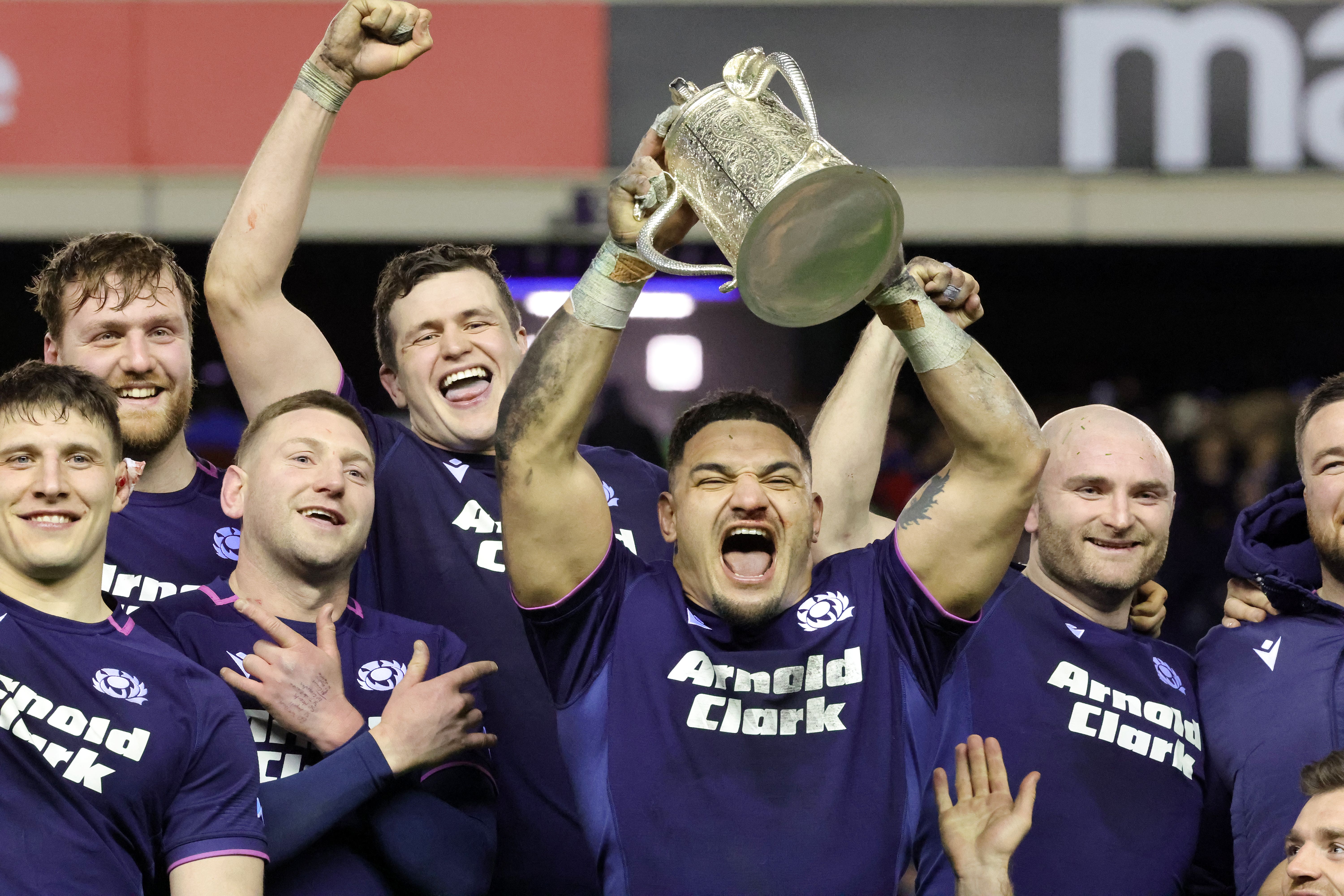 Scotland captain Sione Tuipulotu lifts the Calcutta Cup (Steve Welsh/PA)