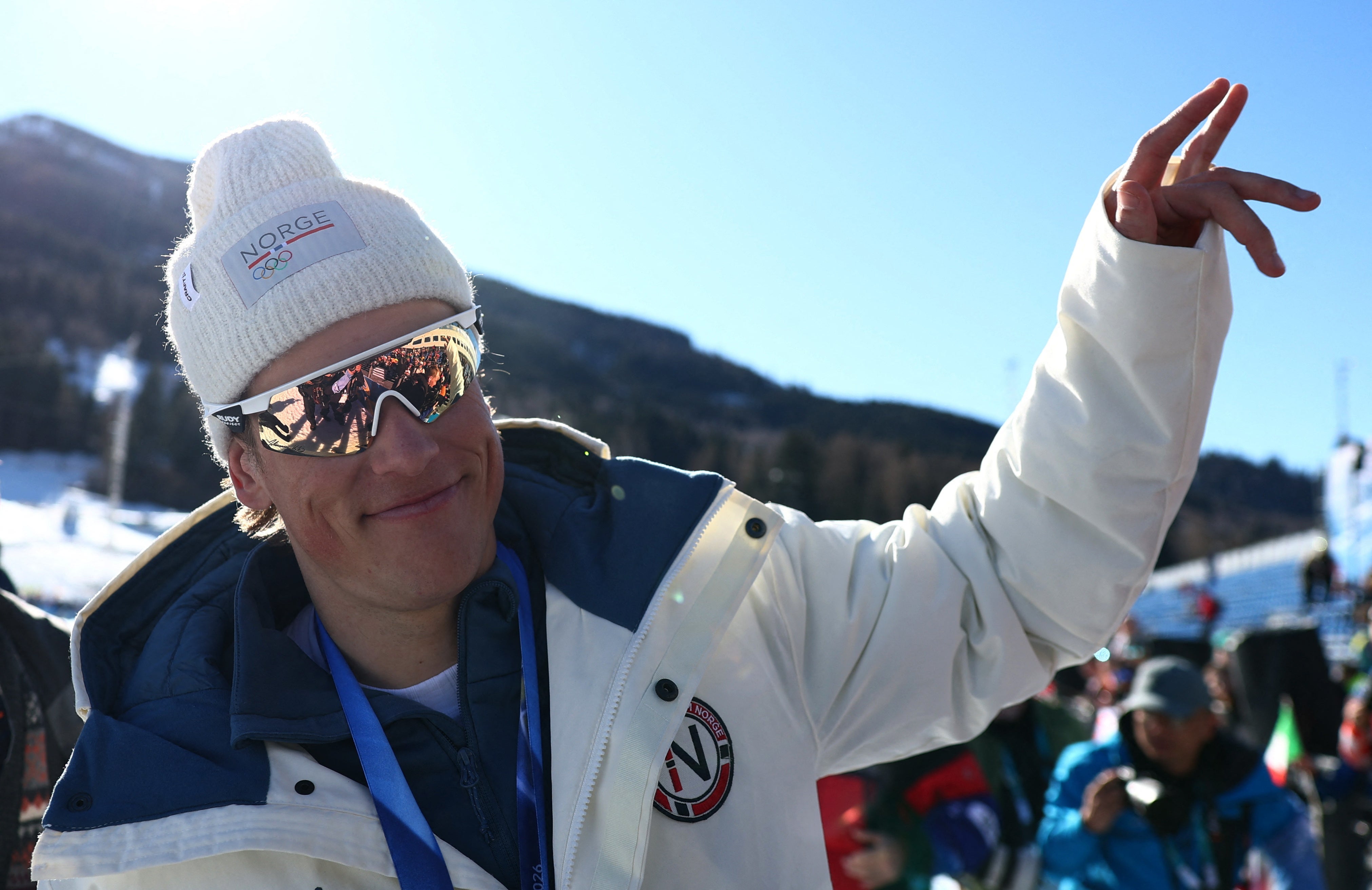 Johannes Hoesflot Klaebo of Norway celebrates during the Men's 4 x 7.5km Relay Victory