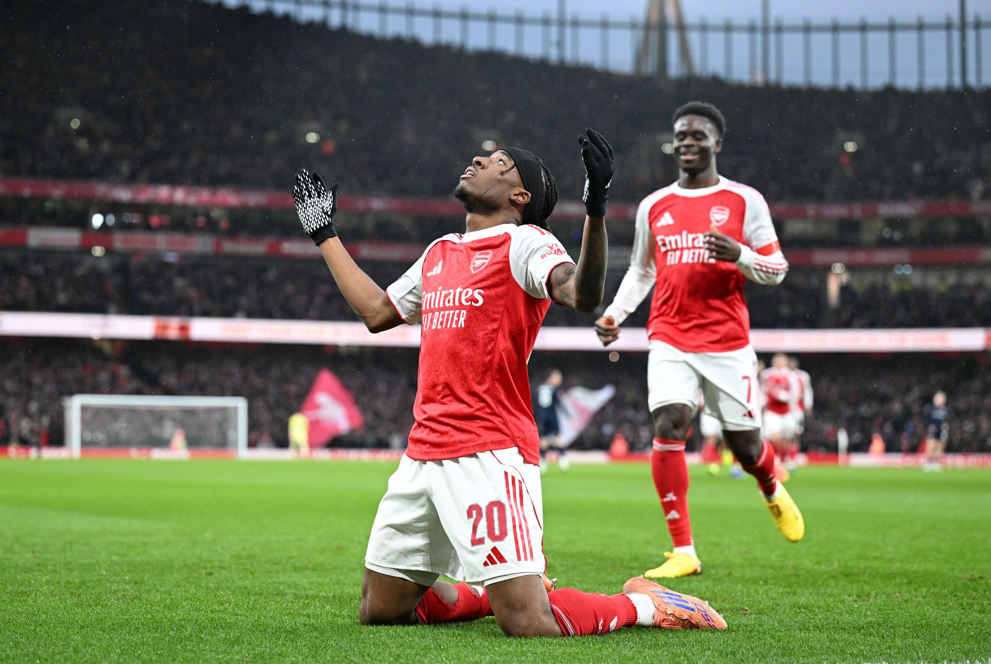 <p>Noni Madueke celebrates scoring Arsenal's opening goal</p>