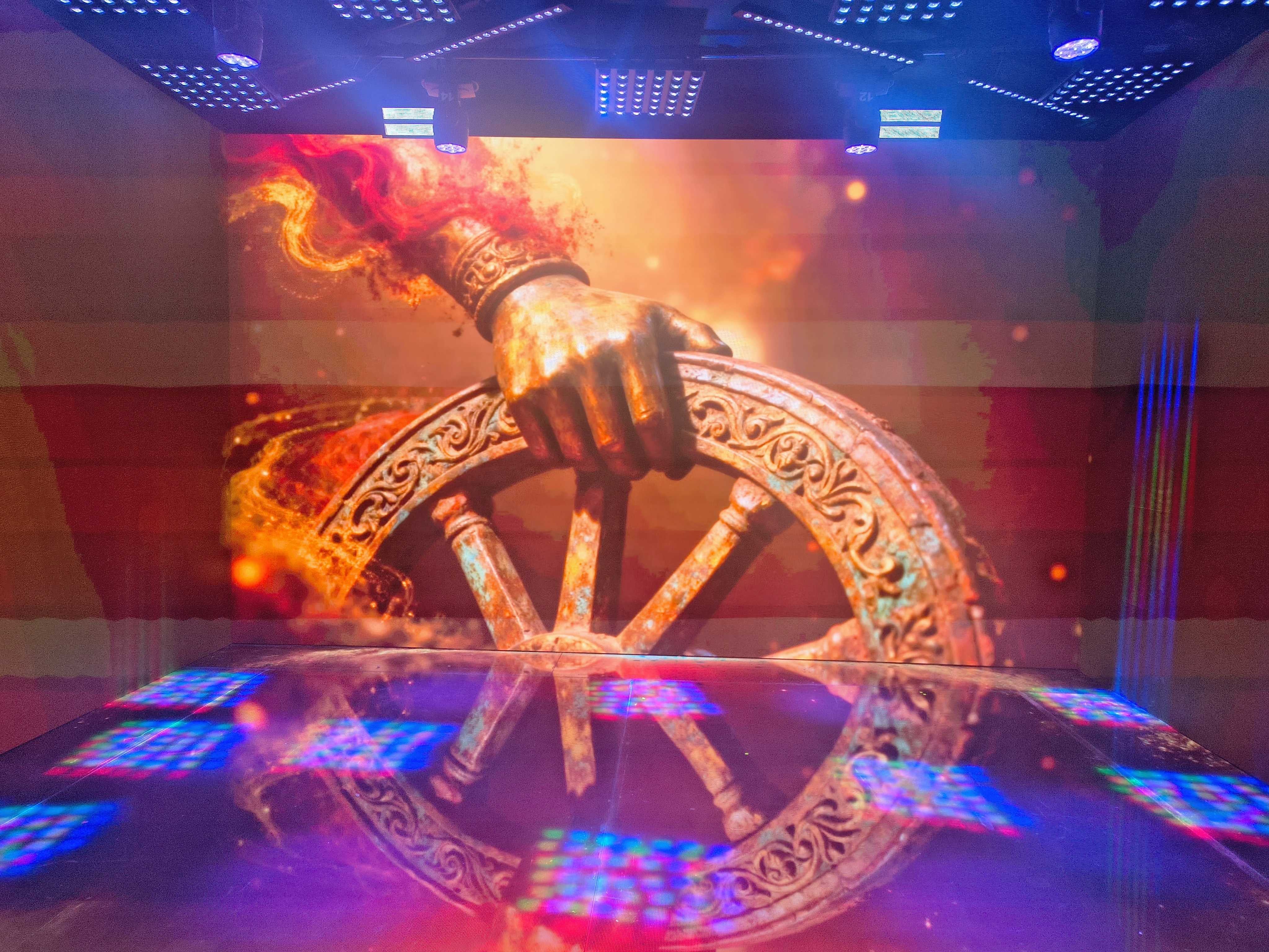 An AI generated video of Hindu-epic Mahabharat plays on a wall