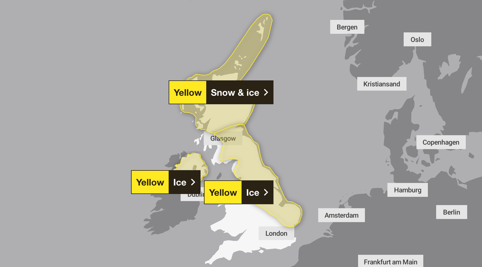 Yellow weather warning for snow and ice has been issued from Monday afternoon