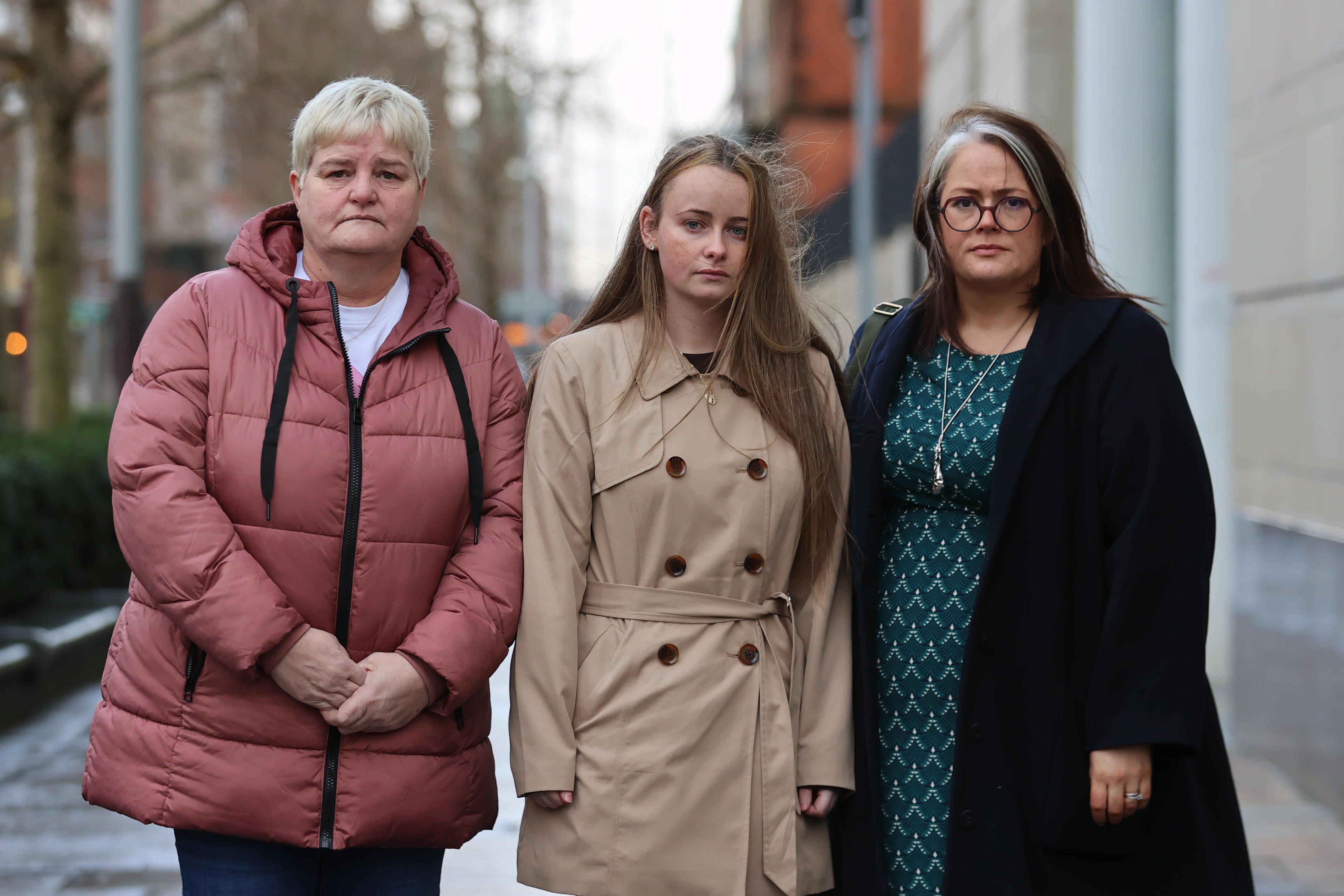 (left to right) Chloe Mitchell’s aunt Linda McDowell and sister Nadine Mitchell with Alliance MLA Sian Mulholland outside Belfast Crown Court (Liam McBurney/PA)