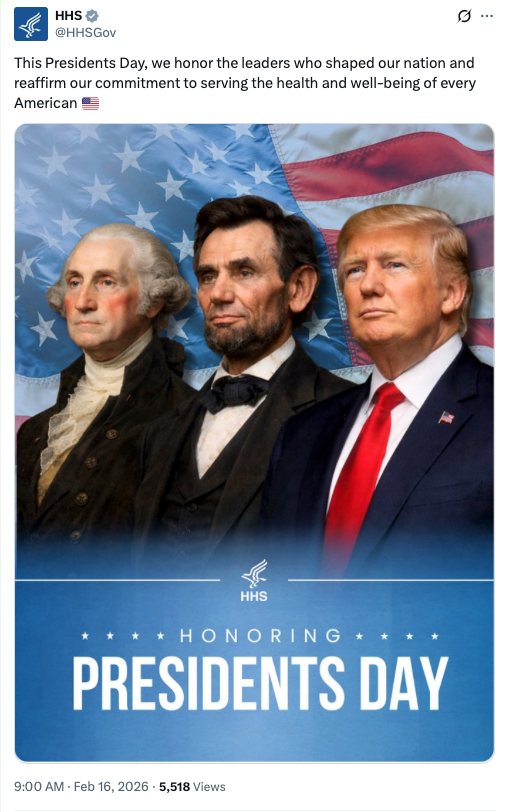 This HHS social media post shows Washington, Lincoln and Trump together