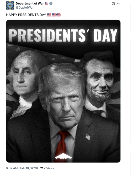 This Pentagon social media post shows Trump with Washington and Lincoln to mark Presidents' Day