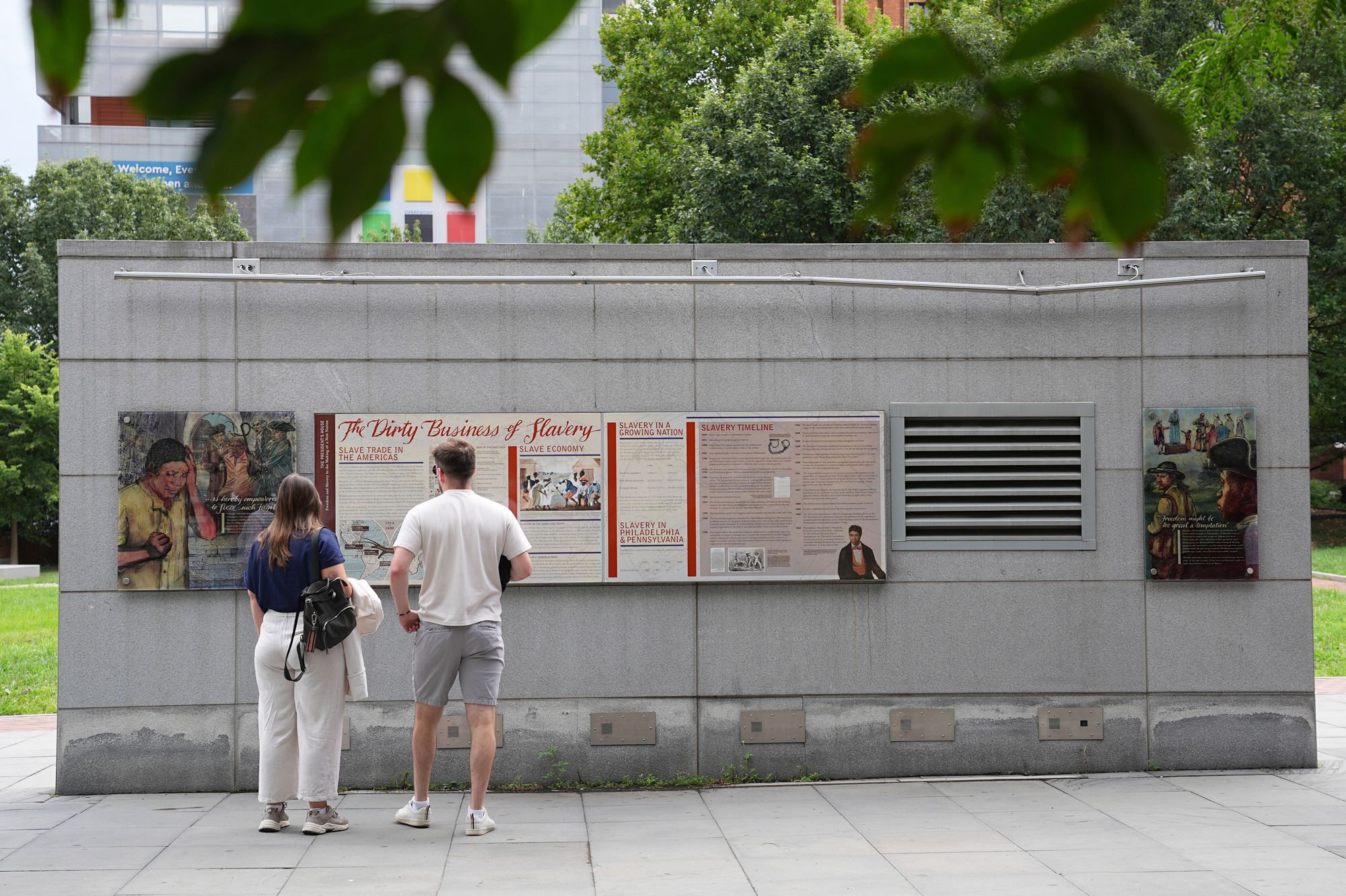 Informational panels at the site included ‘The Dirty Business of Slavery,’ which was ripped off with a crowbar in January 2026