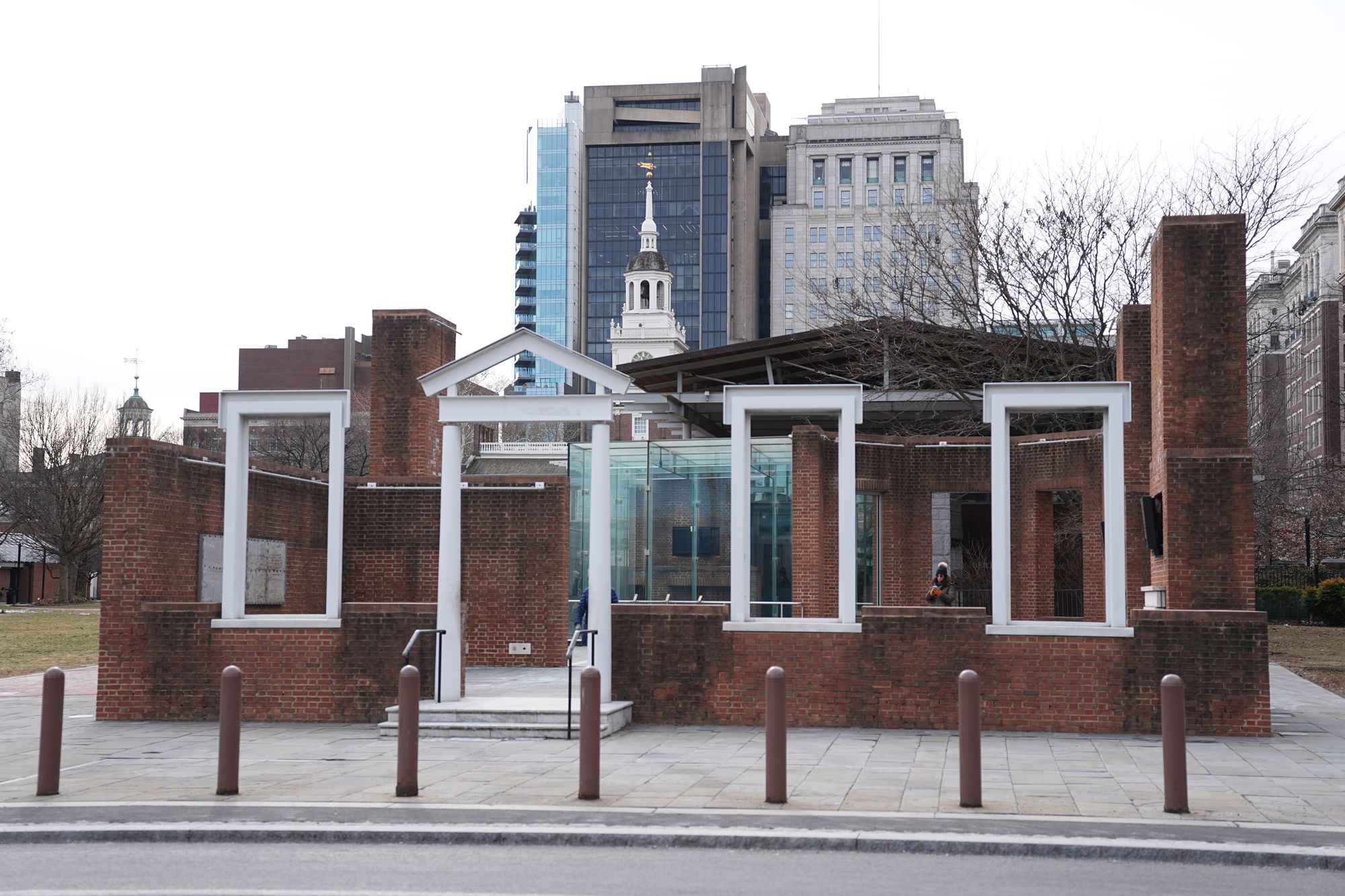 Panels that were part of an exhibit on slavery are now empty outside the President's House site in Philadelphia