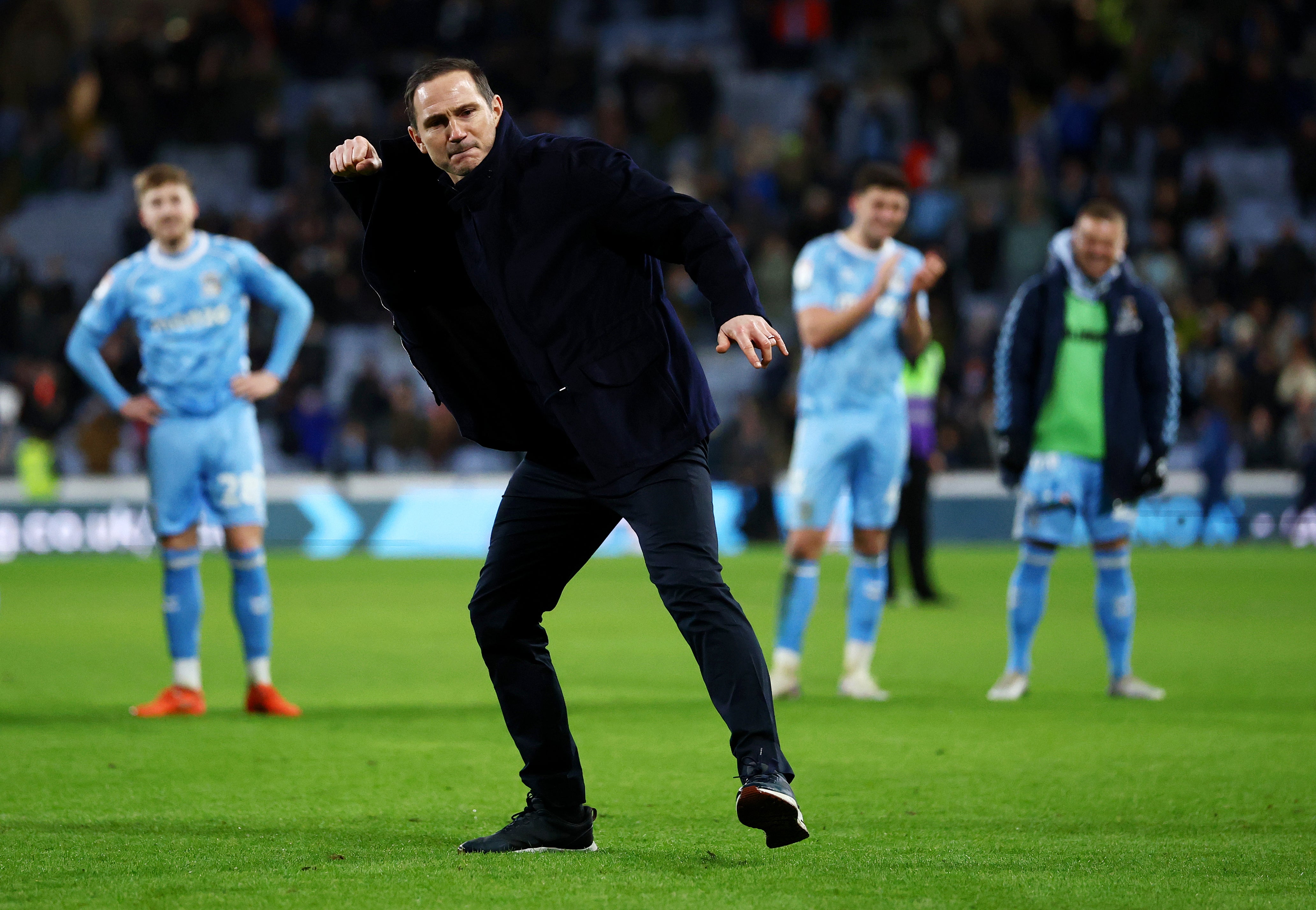 Frank Lampard delivers his customary three-punch celebration in front of the Coventry fans