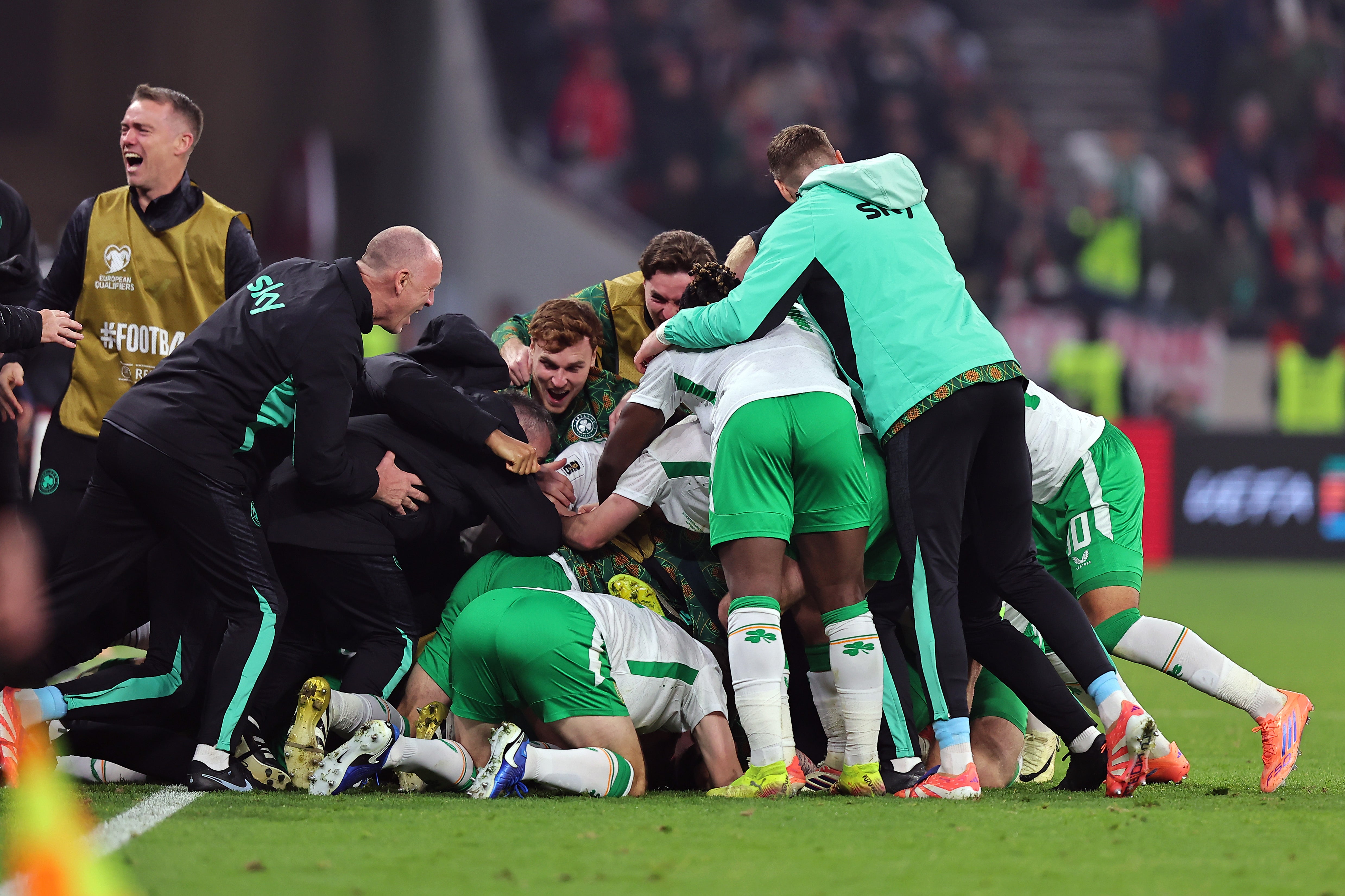 Players of Republic of Ireland celebrate their sides third goal scored by Troy Parrott