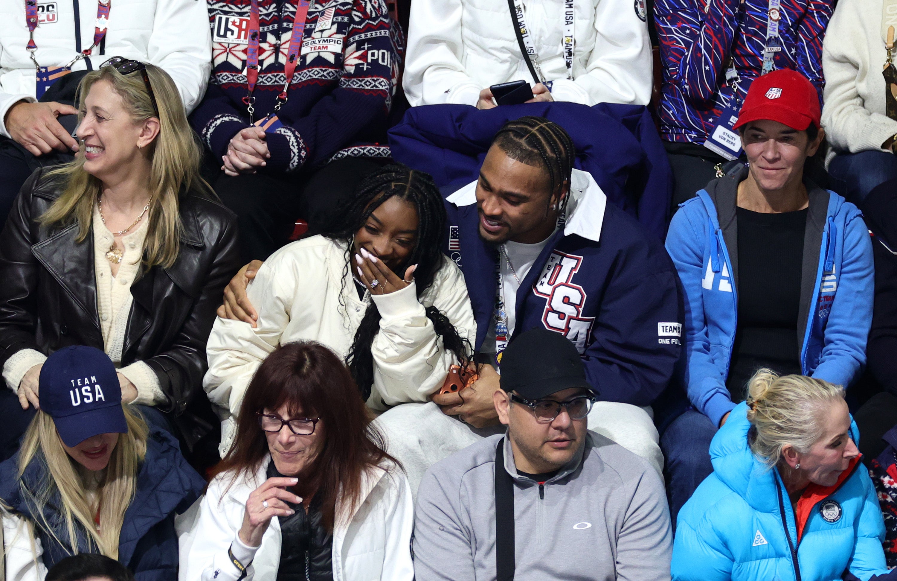 American gymnast Simone Biles and husband Jonathan Owens in attendance at the Men Single Skating