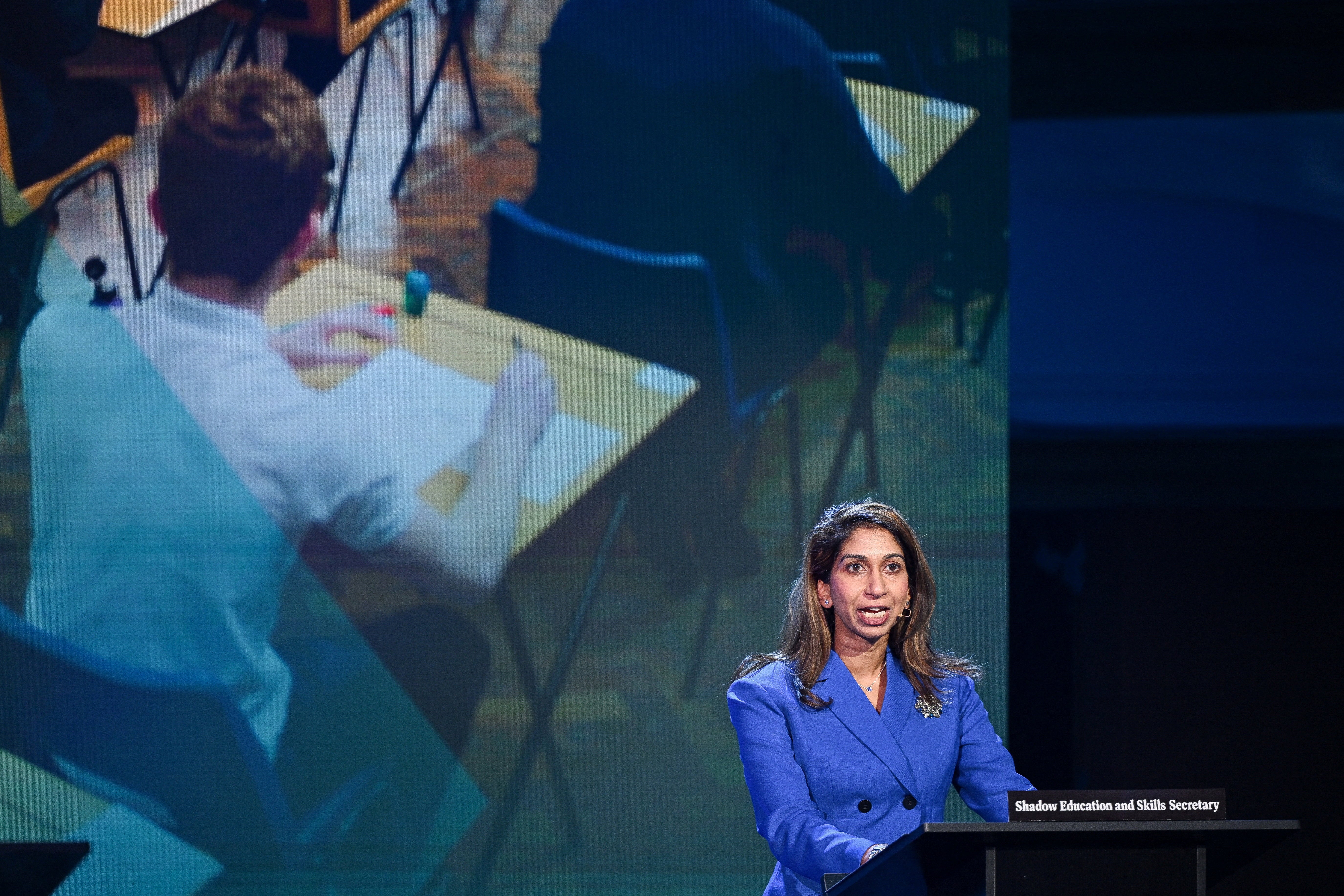 Suella Braverman speaks after being announced by Britain's Reform UK leader Nigel Farage as the party's education and skills spokeswoman