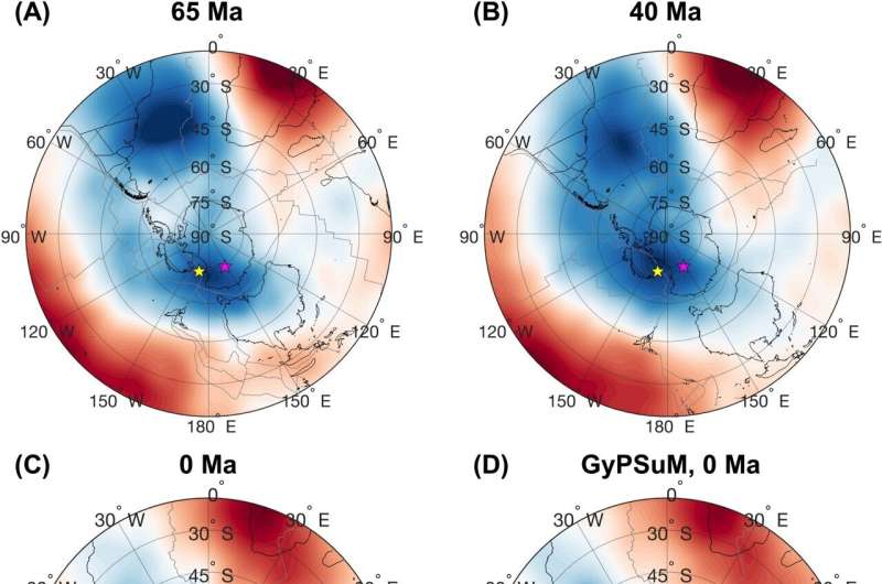 Researchers used a computer model to discover that the gravity hole was weaker around 70 million years ago (left) but was becoming stronger 40 million years ago (right)