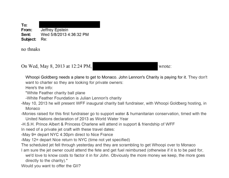 Име Вупи Голдберг се помиње у Епштајновим досијеима јер је тражила приватни превоз до Монака 2013.