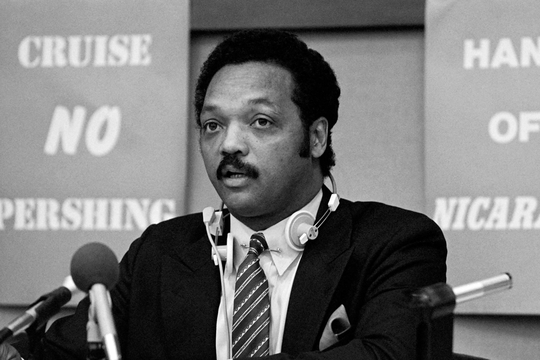 Then-Democratic presidential candidate Jesse Jackson delivering a press conference in May 1985 at the European Parliament in Strasbourg, warning the U.S. off military intervention in Nicaragua.