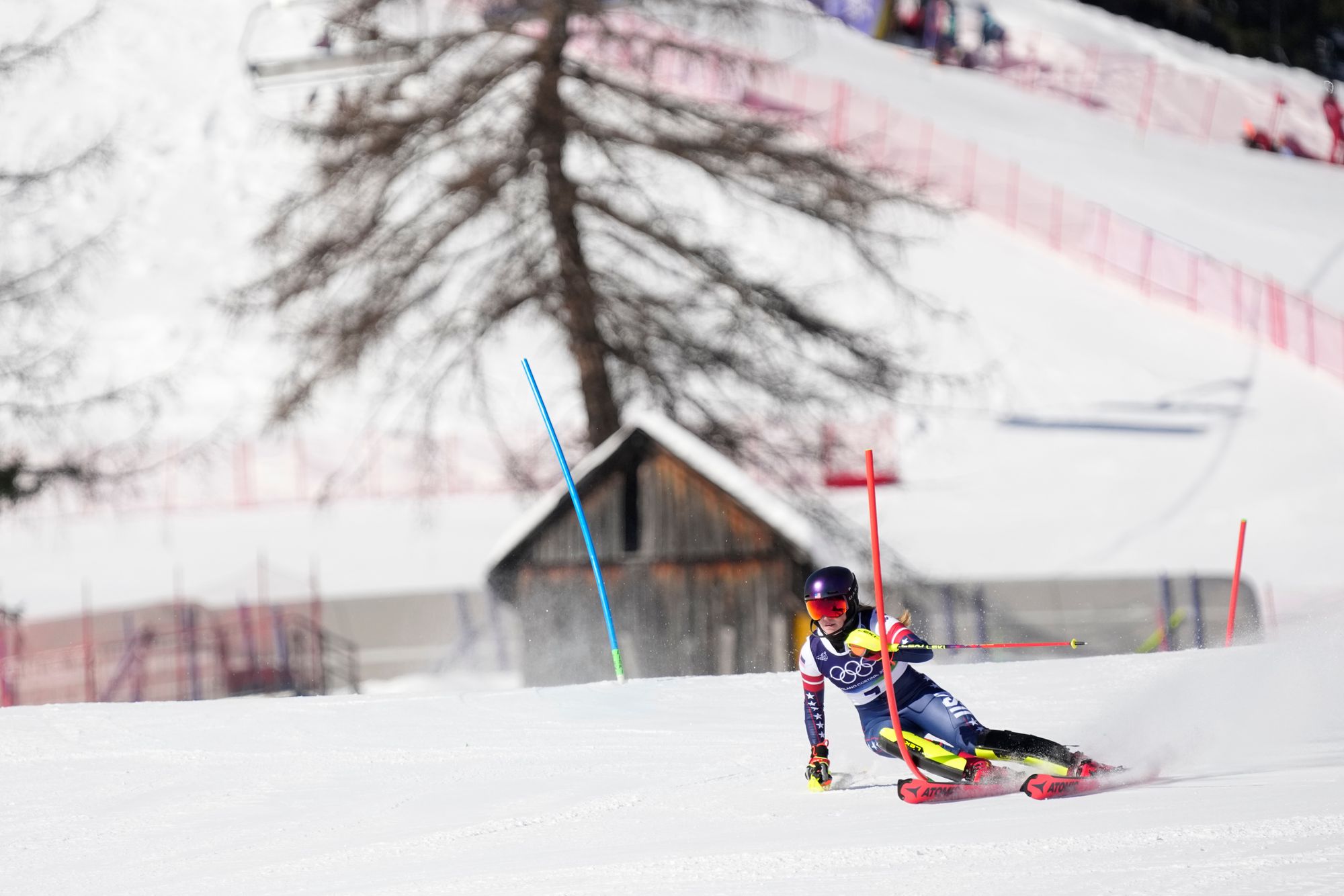 United States' Mikaela Shiffrin at the finish area of an alpine ski, women's slalom race