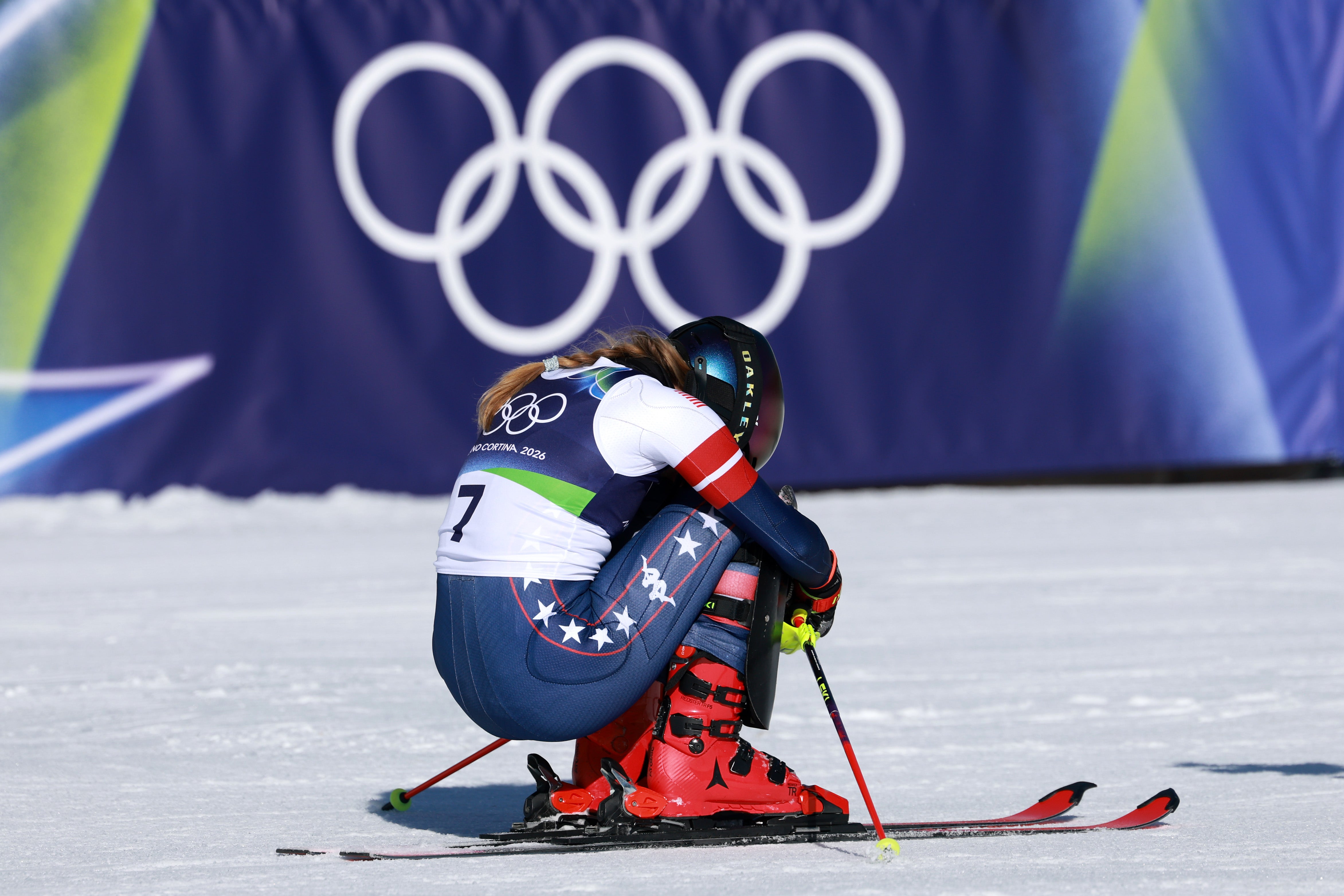 Mikaela Shiffrin of Team United States reacts after winning gold