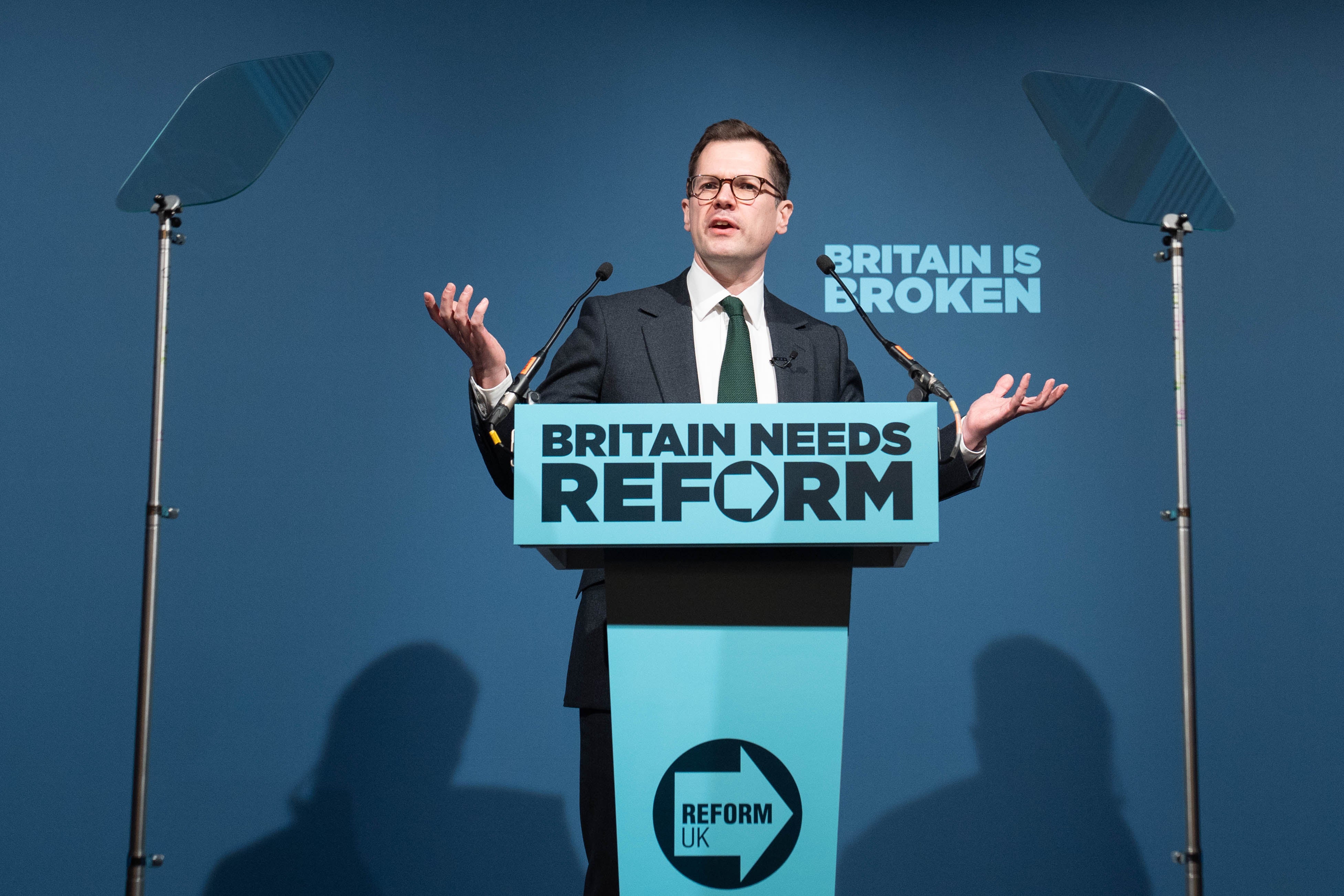 Robert Jenrick making his first speech as Reform UK's Treasury spokesman, in London, on Wednesday