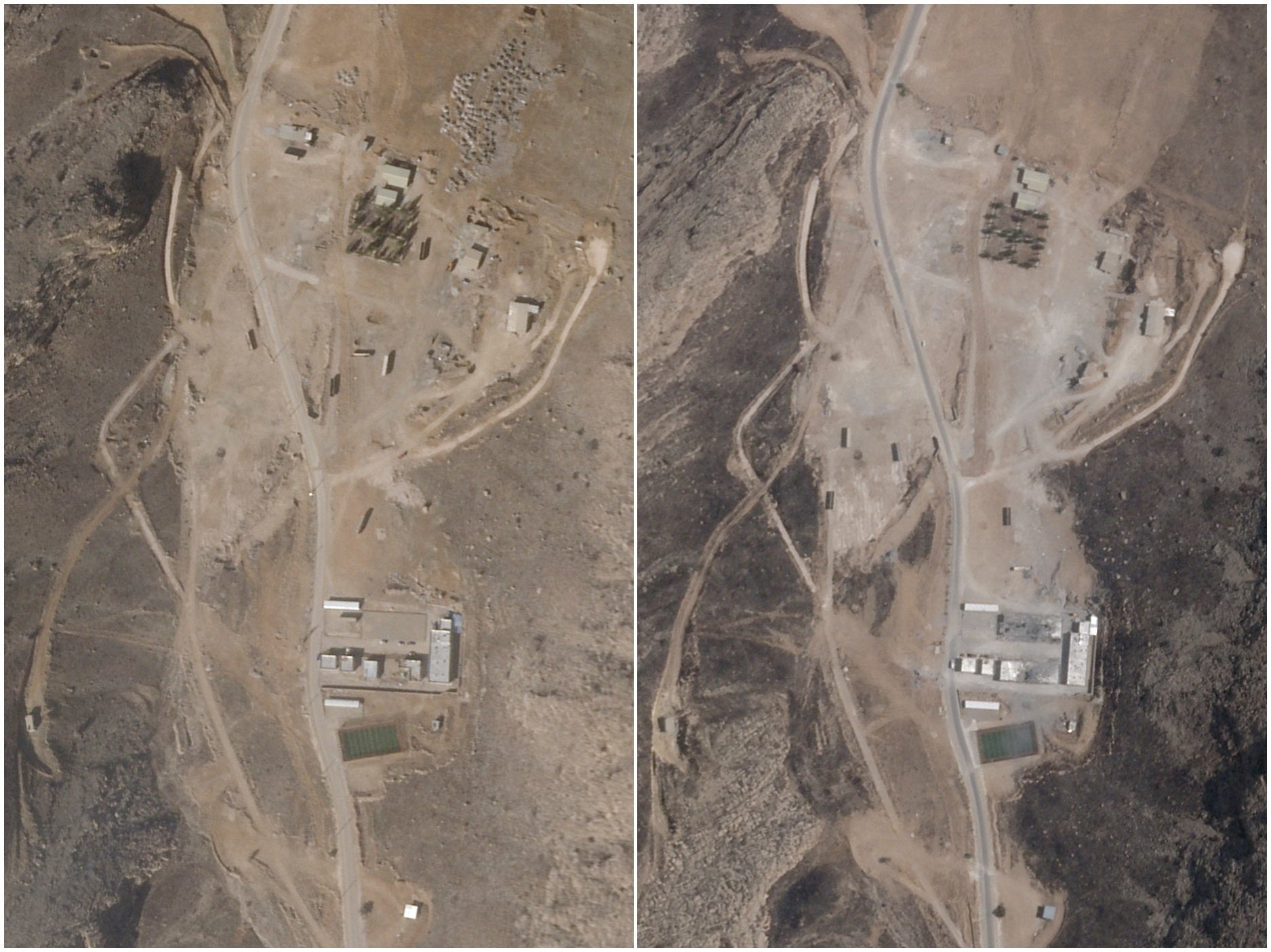 A combination picture of satellite images shows Shiraz South Missile Base before reconstruction and after reconstruction and clearance efforts, in Shiraz South, Iran