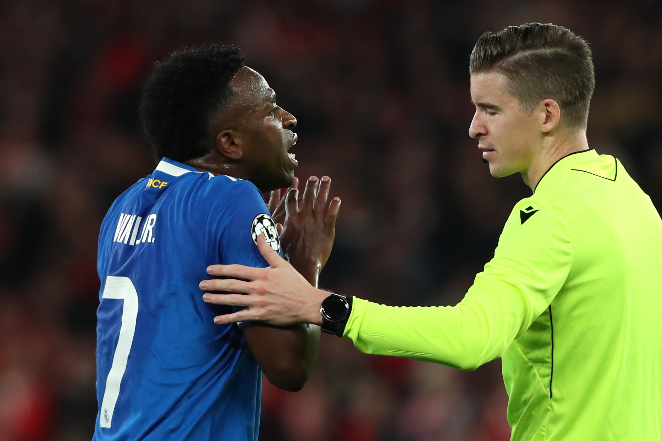 The match was halted for 11 minutes, under Uefa’s three-step anti-racism protocol, after the Benfica player Prestianni made a comment towards Vinicius that was interpreted by the Brazilian to be a racist slur