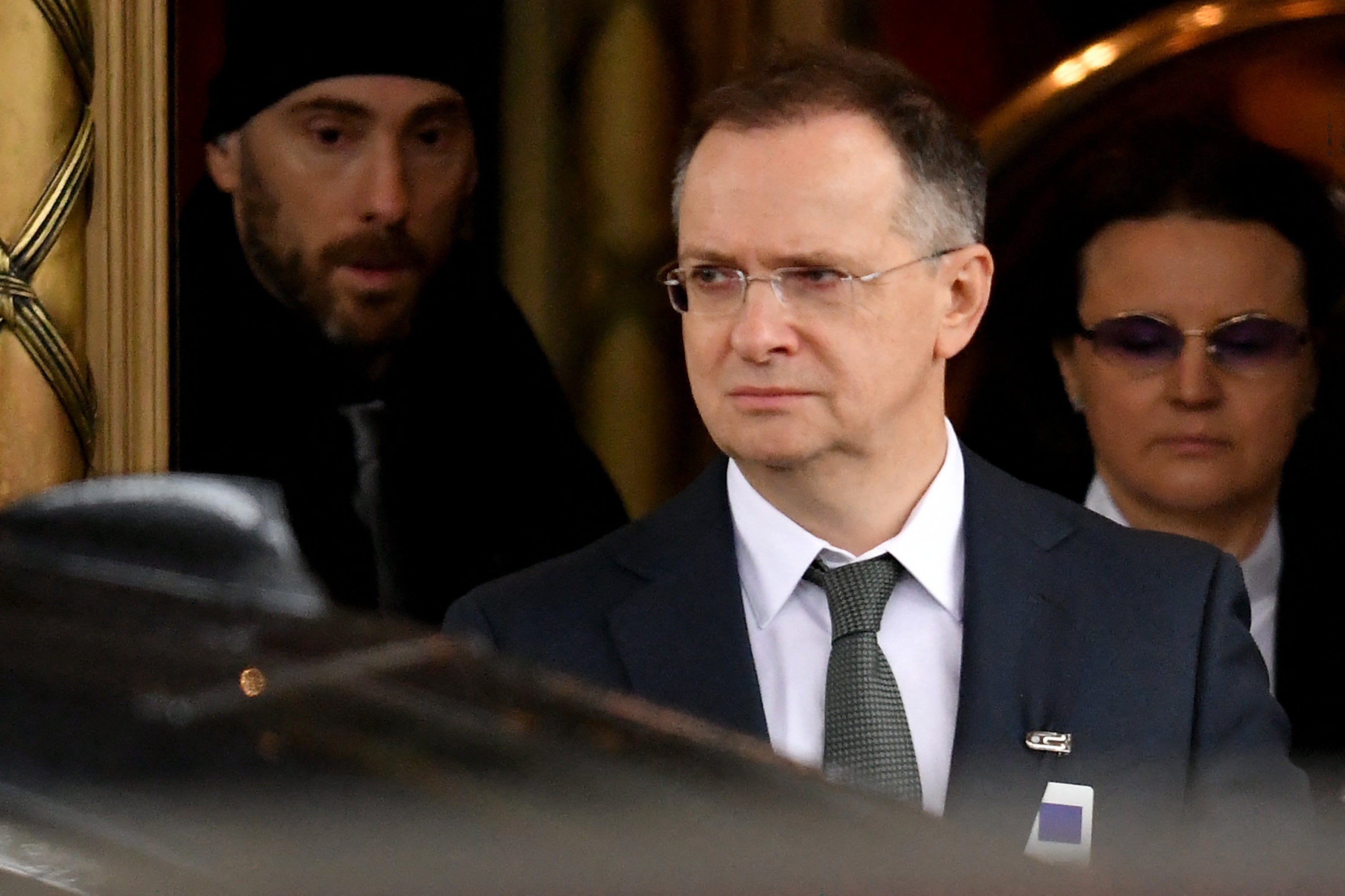 Russia's chief negotiator Vladimir Medinsky leaves after the talks on Wednesday