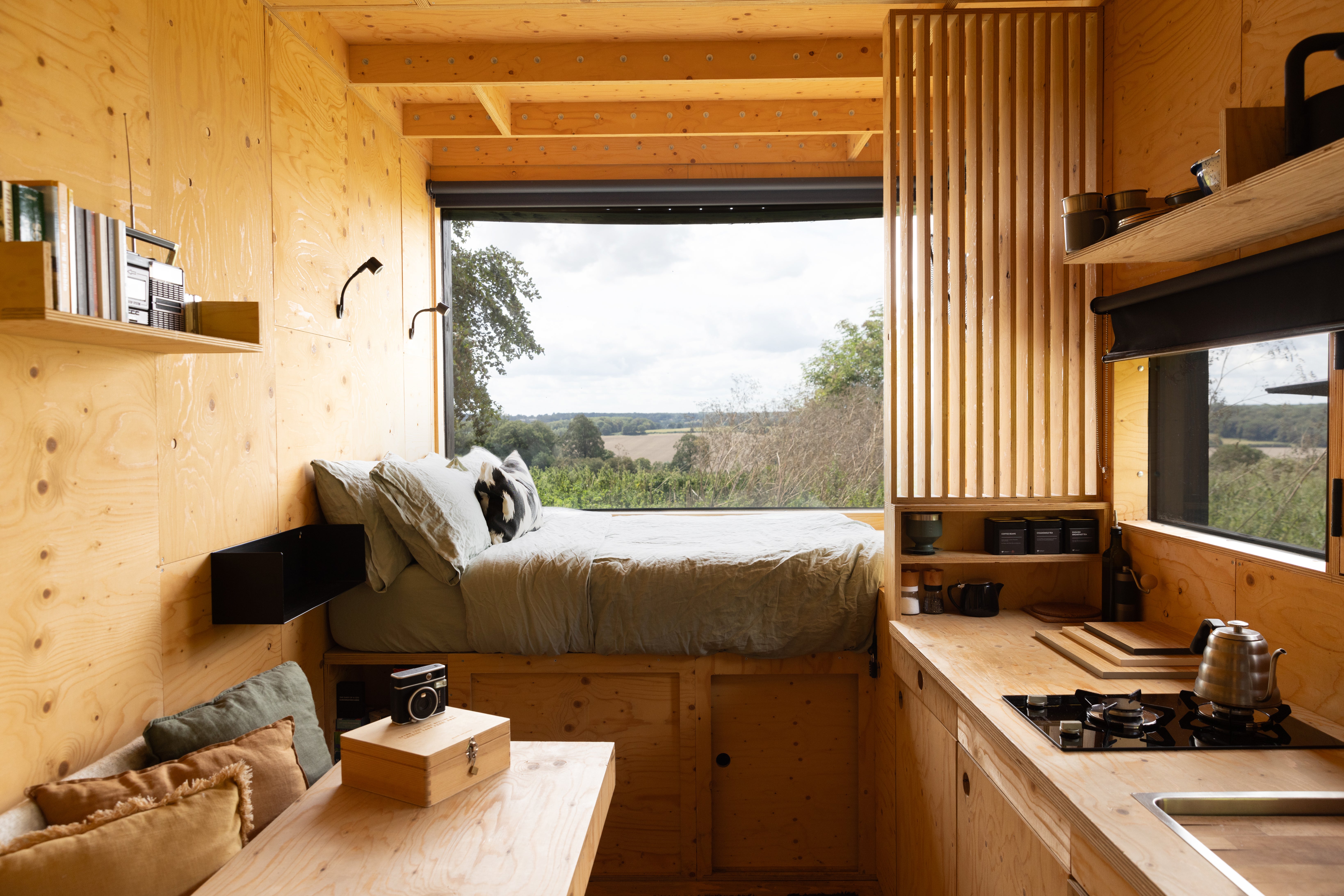 The cabin has a double bed and a range of facilities