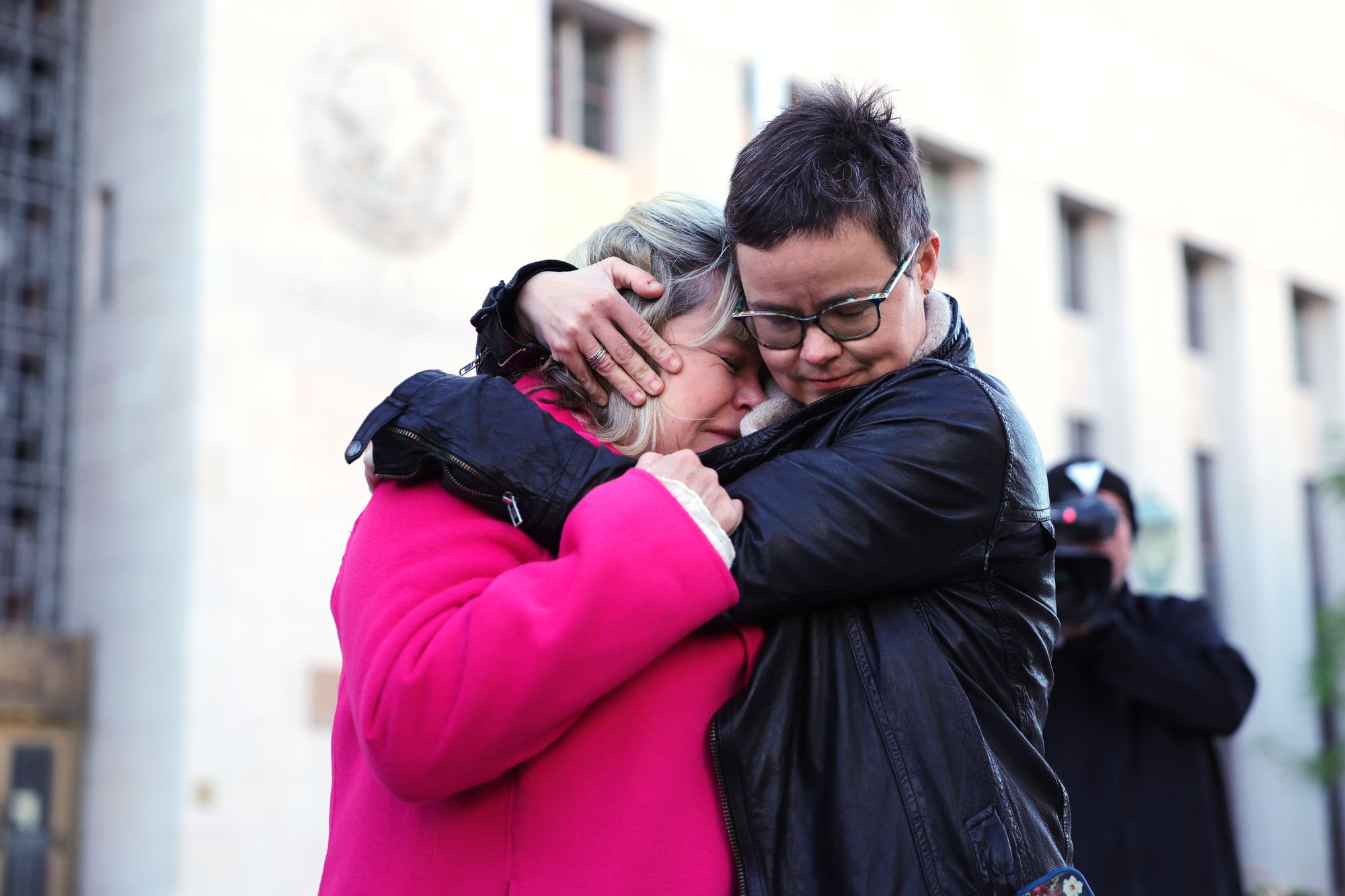 <p>Bereaved parents outside a Los Angeles courtroom, where a bellwether lawsuit against tech giants could set the course for the 1,600 other plaintiffs across the country</p>