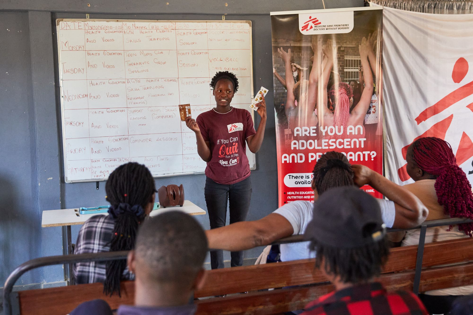 Ever Itai Ndondovedzai, a peer educator with MSF, presents to sex workers a talk on sexual reproductive health in Harare. Thousands of sex workers in Zimbabwe have struggled to access HIV prevention tools since the US cuts gutted centres that once provided free condoms, antiretrovirals and basic care