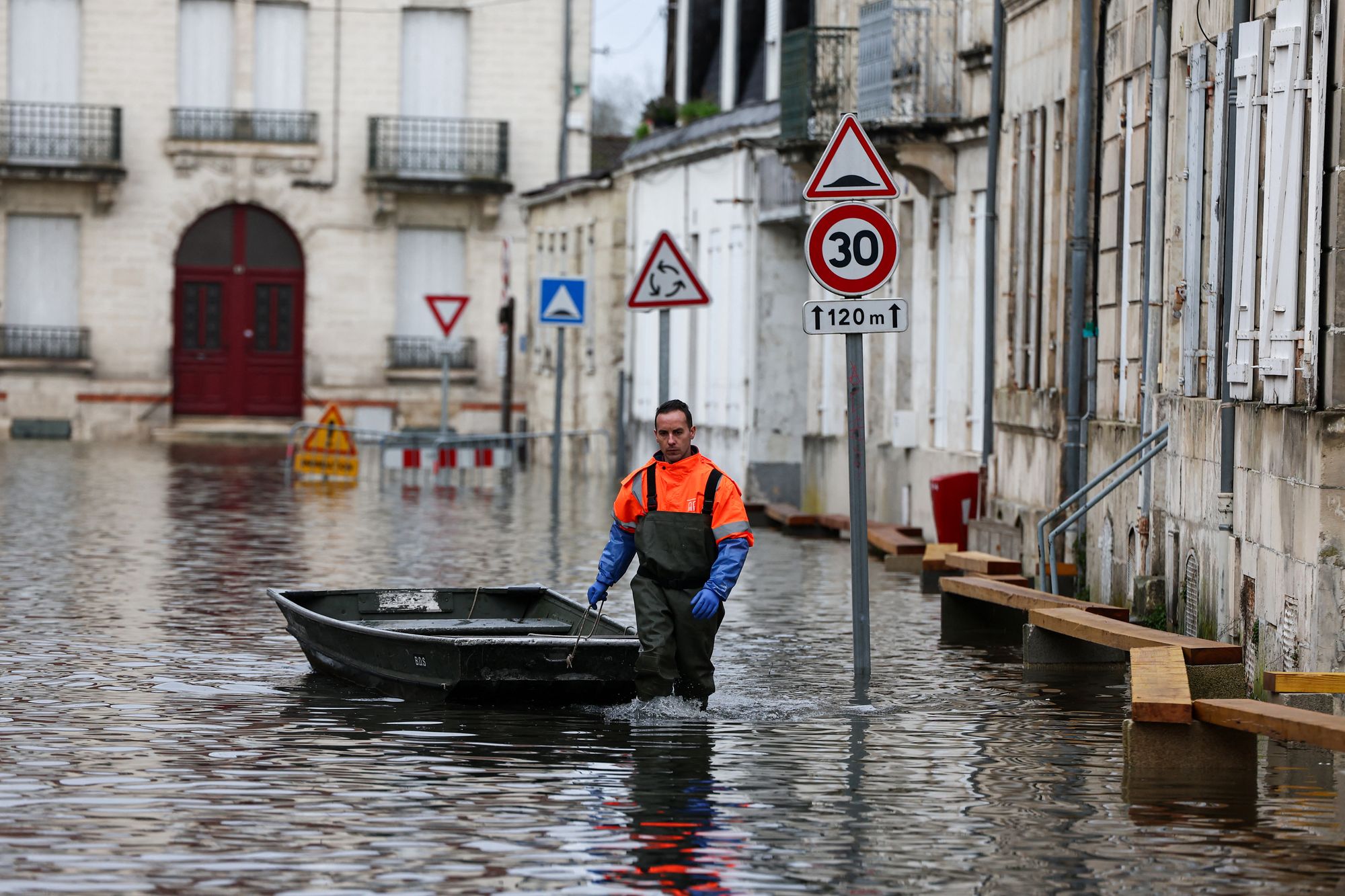 The Charente river burst its banks, bringing flooding to Saintes (pictured, Wednesday)
