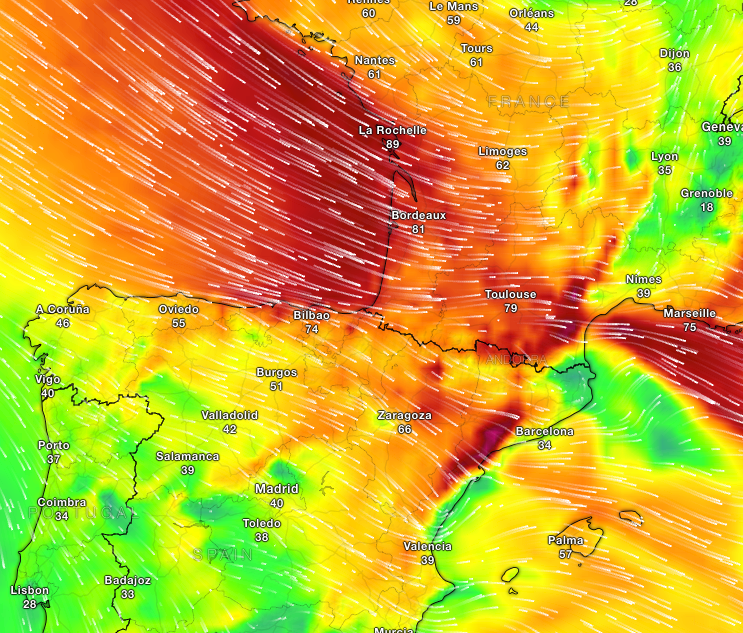 Wind gusts are to sweep through southern France and eastern Spain on Thursday