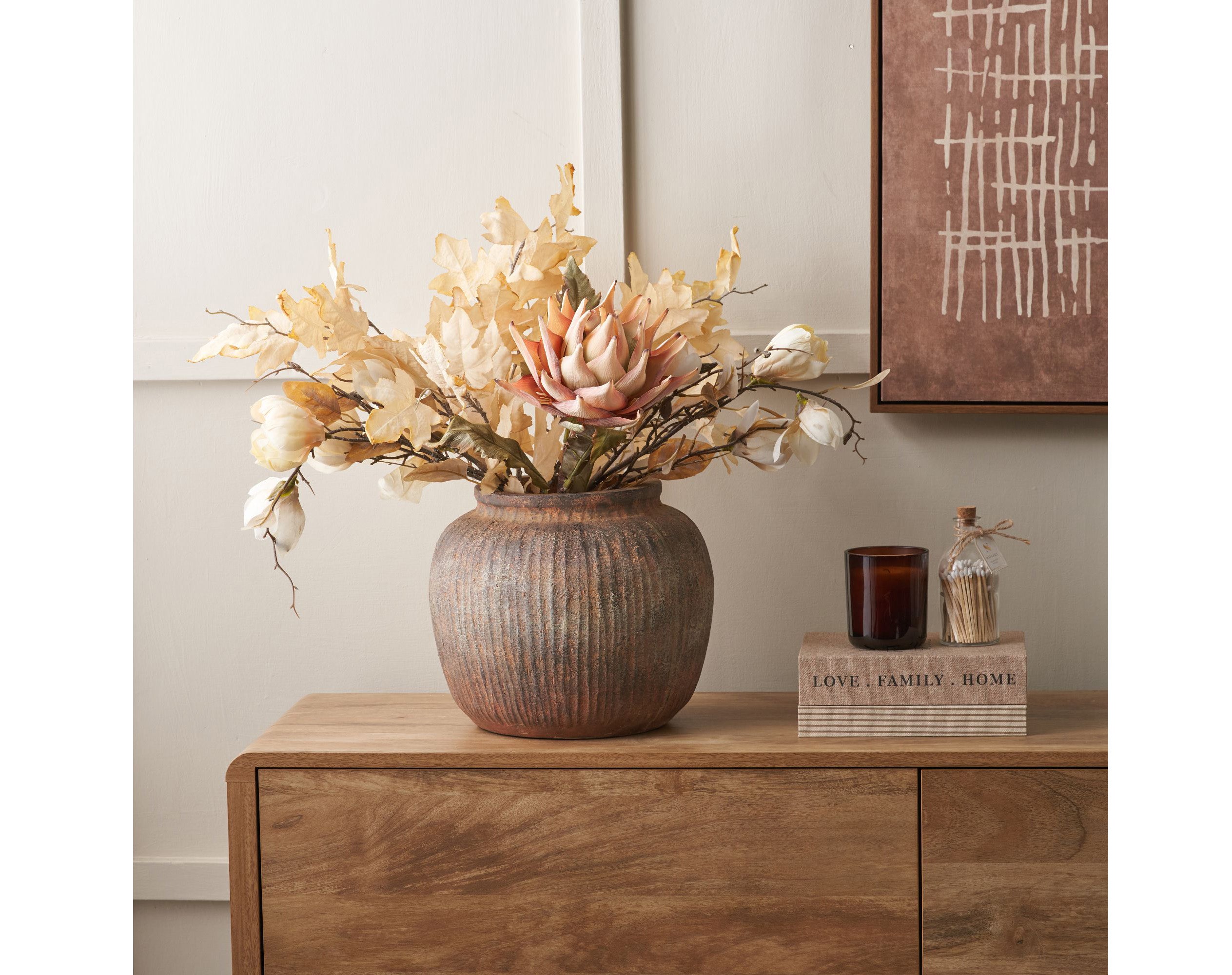 Caleb Rustic Brown Fibrestone Ribbed Decorative Vase, Ruma