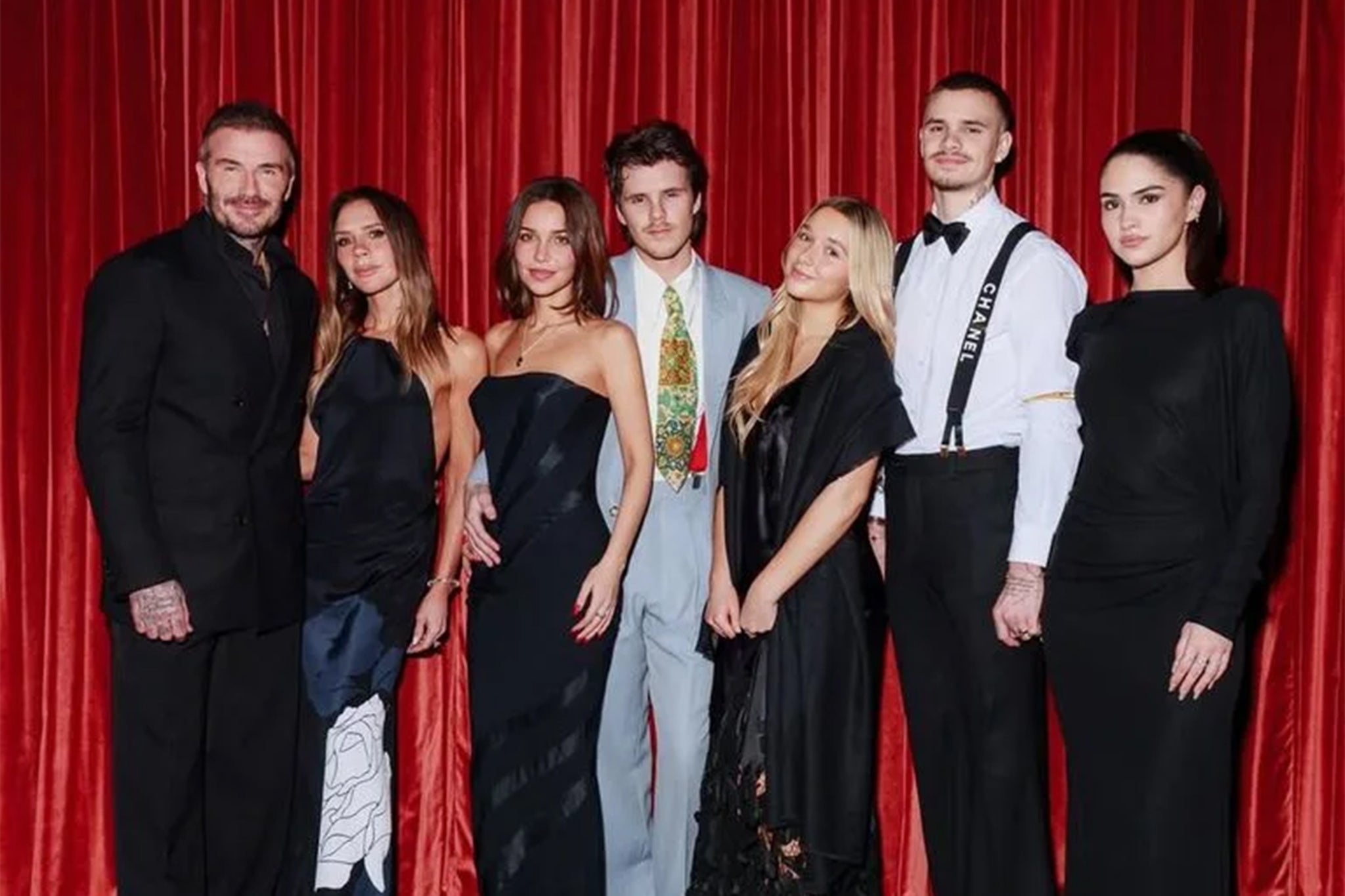 The Beckhams posing at Cruz’s 21st birthday party last week along with Cruz and Romeo’s girlfriends, Jackie Apostel and Kim Turnbull
