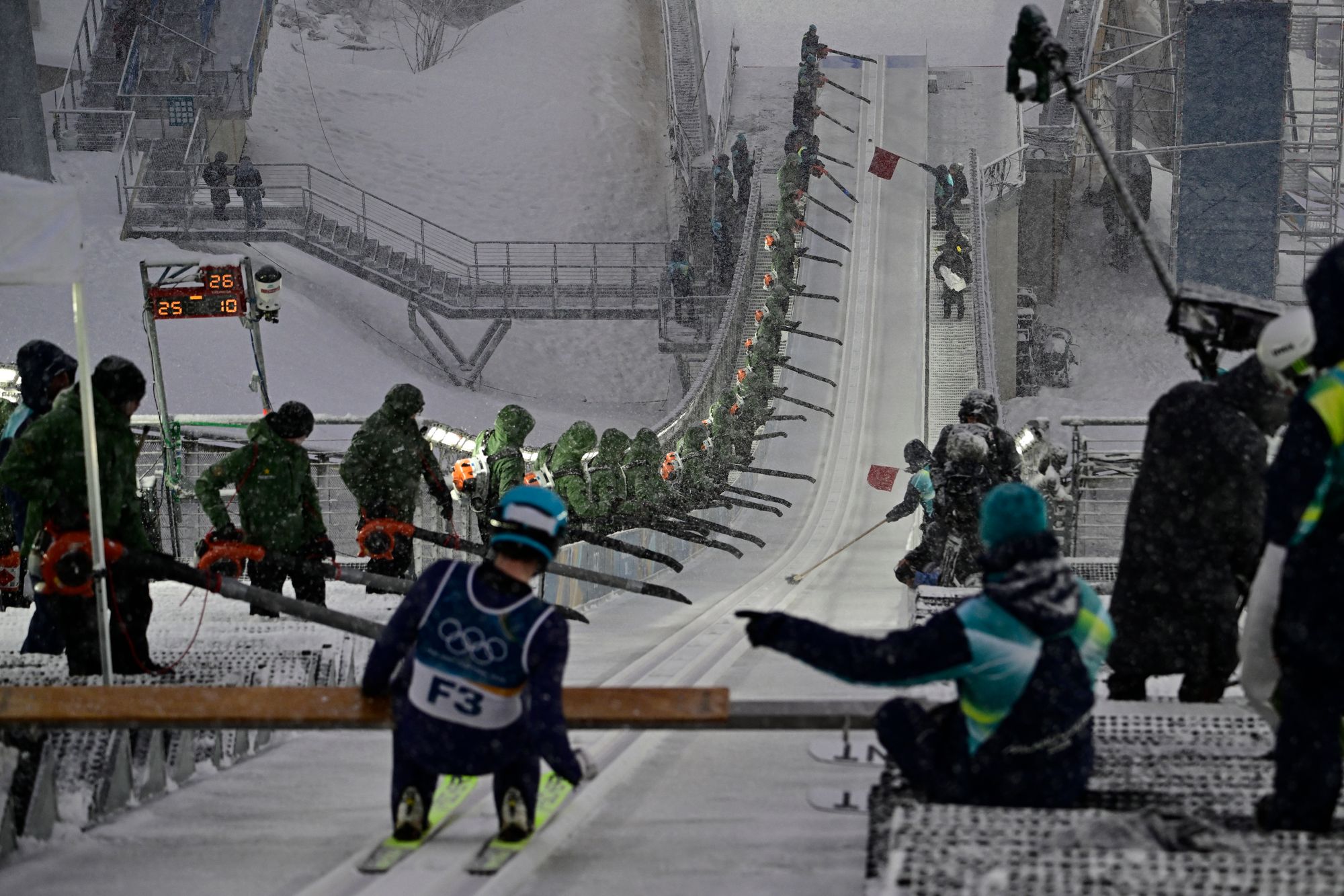 A leaf blower was not removed in time as Ben Loomis went to launch his ski jump