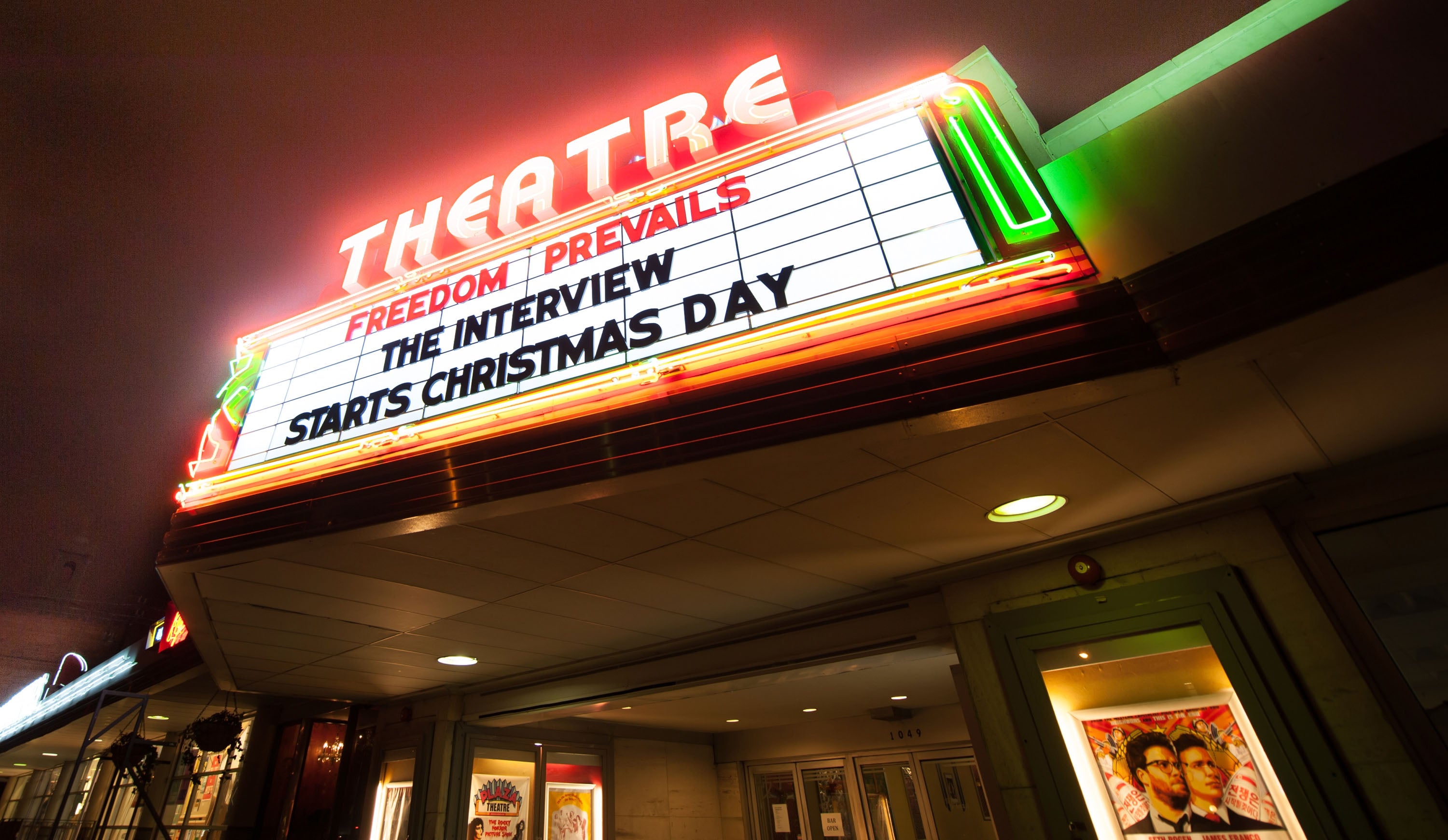 A theater advertising showings of ‘The Interview,’ a 2014 comedy starring Seth Rogen and James Franco. The film’s plot involves two journalists getting roped into a plot to assassinate North Korea’s head of state. A 2014 hack of Sony’s servers by North Korean operatives is believed to have been a response to the film