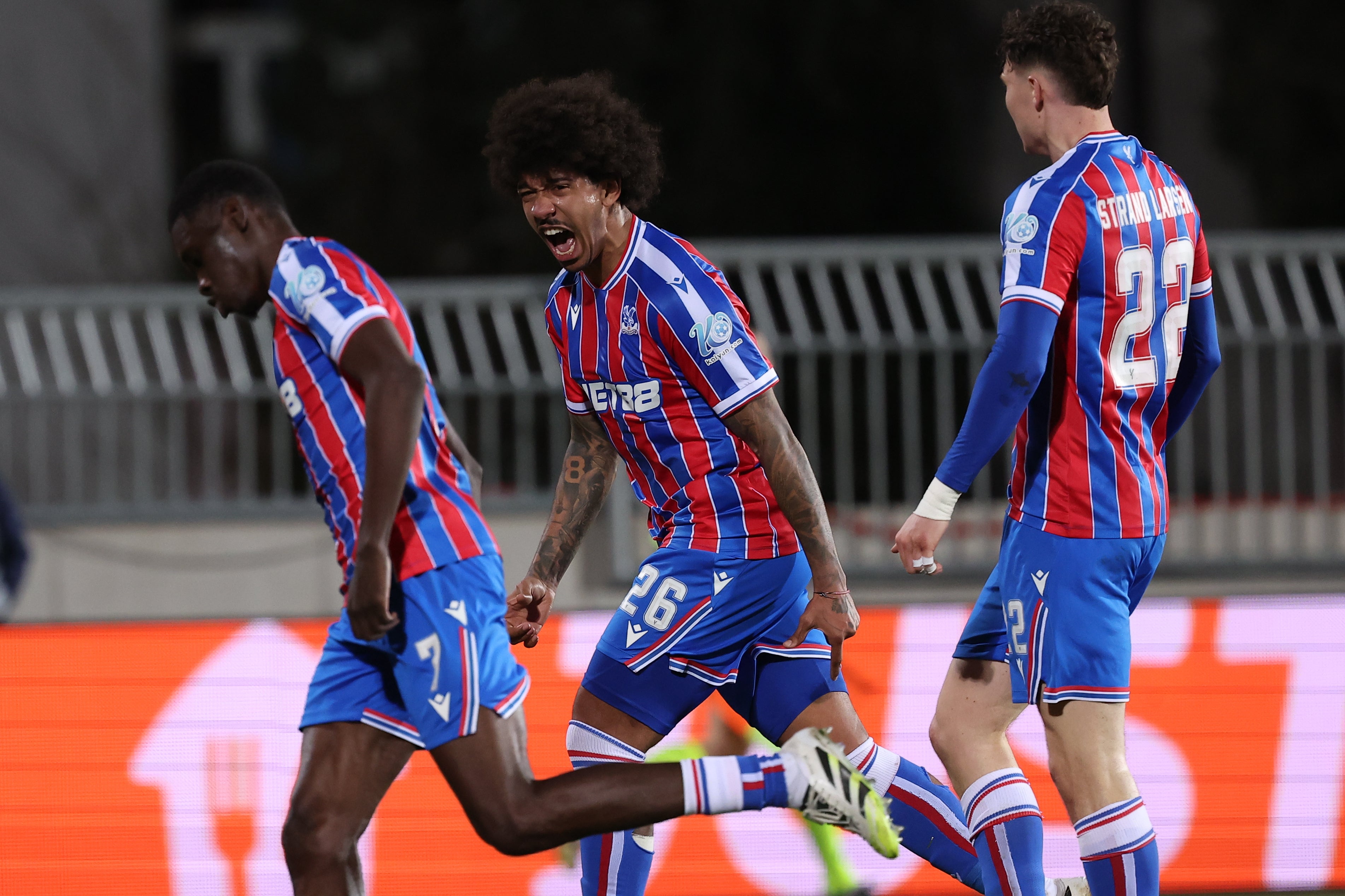 Ismaila Sarr, Chris RIchards and Jorgen Strand Larsen celebrate Palace’s goal