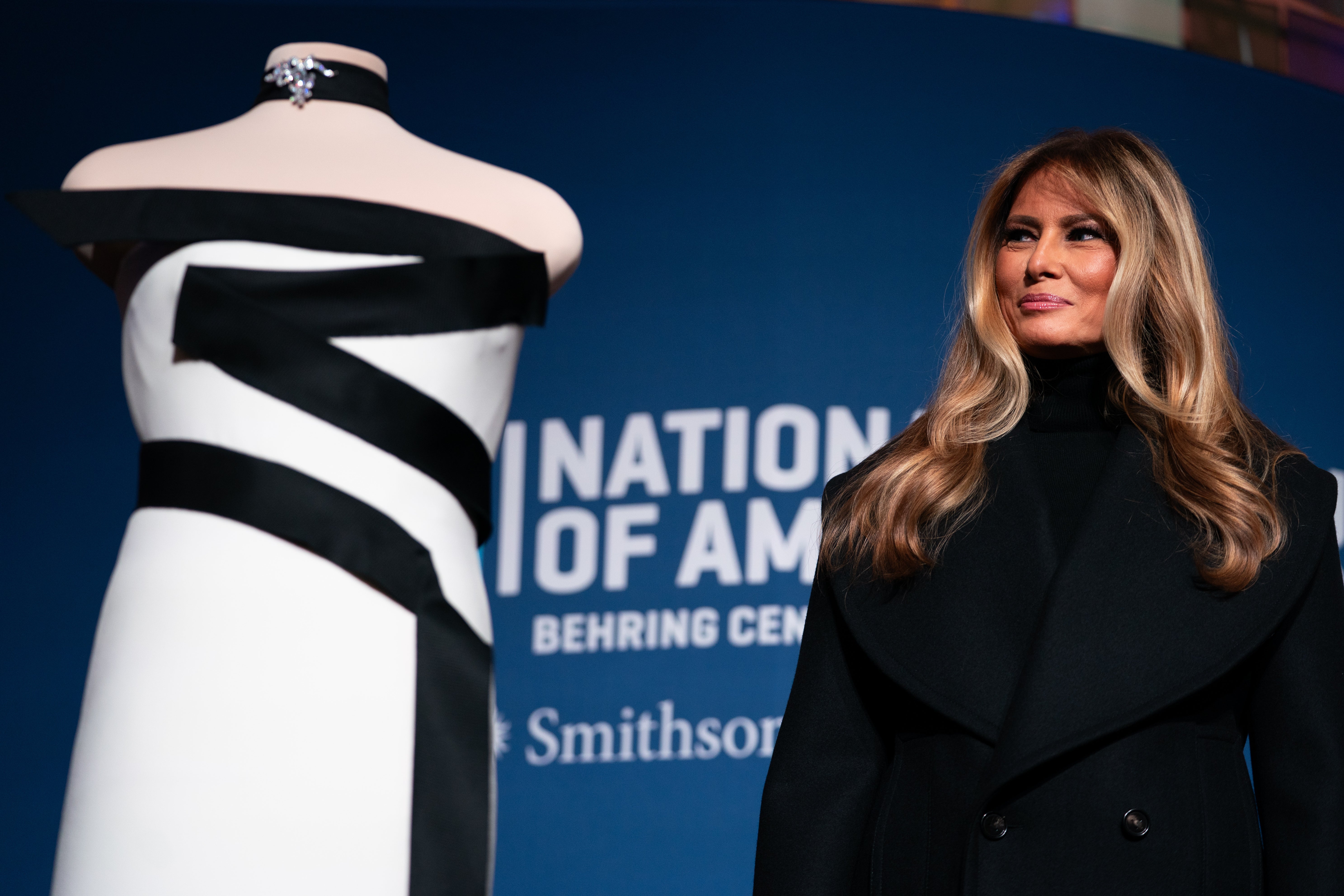 The first lady, a former fashion model, said the black and white in the gown ‘sets a mood rich with emotion’