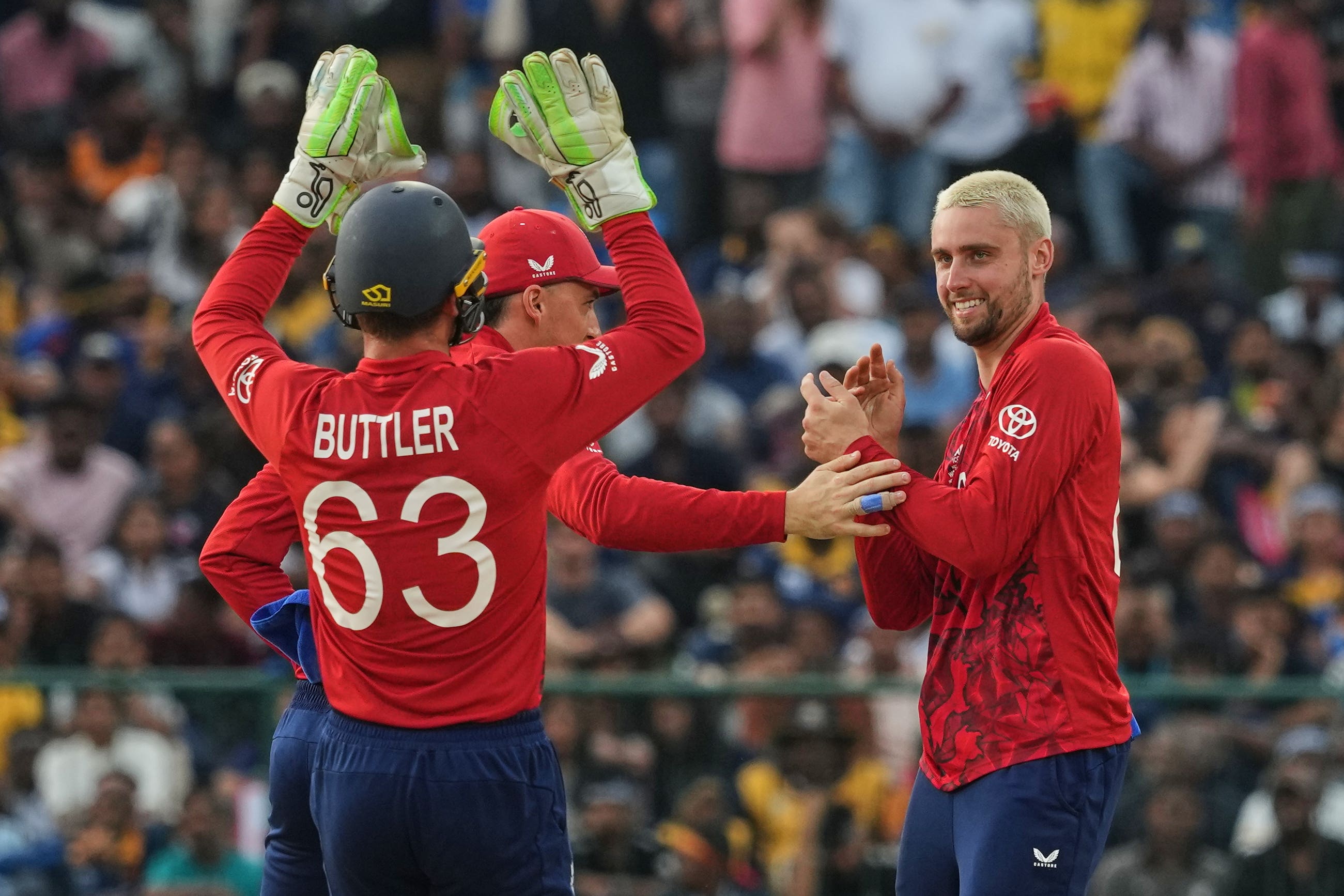 Will Jacks, right, took three top-order wickets in England’s win over Sri Lanka (Eranga Jayawardena/AP)