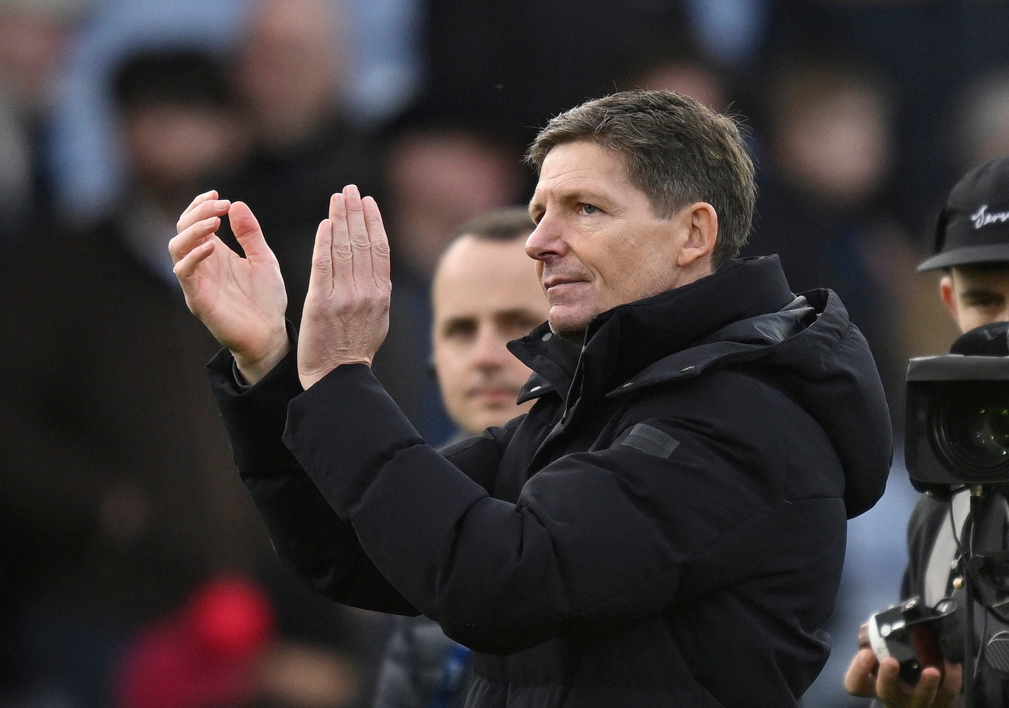 Crystal Palace manager Oliver Glasner applauds fans after the match