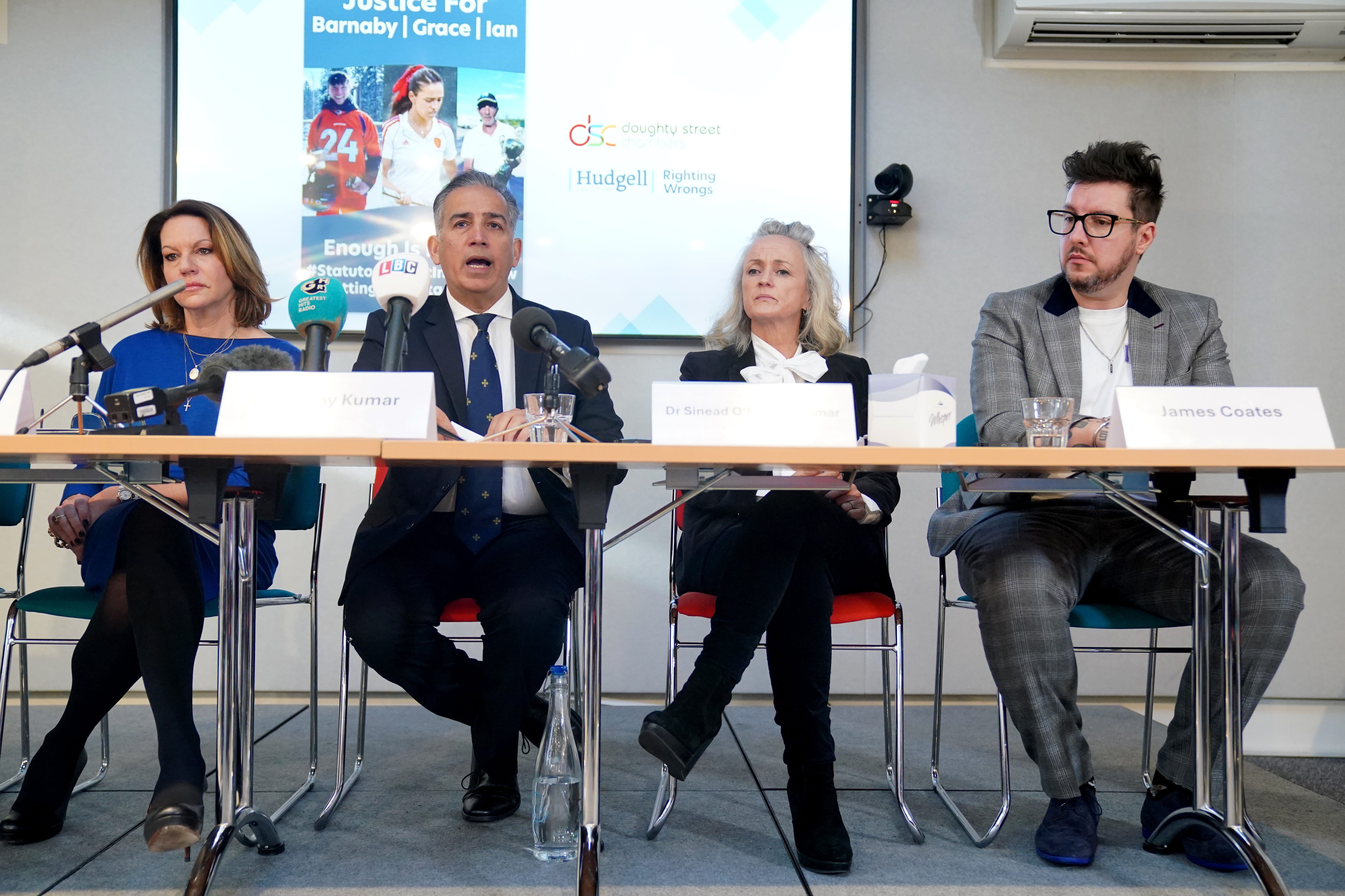 Emma Webber, the mother of Barnaby Webber, Dr Sanjoy Kumar and Dr Sinead O’Malley, the parents of Grace O’Malley-Kumar, and James Coates, the son of Ian Coates, during a press conference last year (Jonathan Brady/PA)