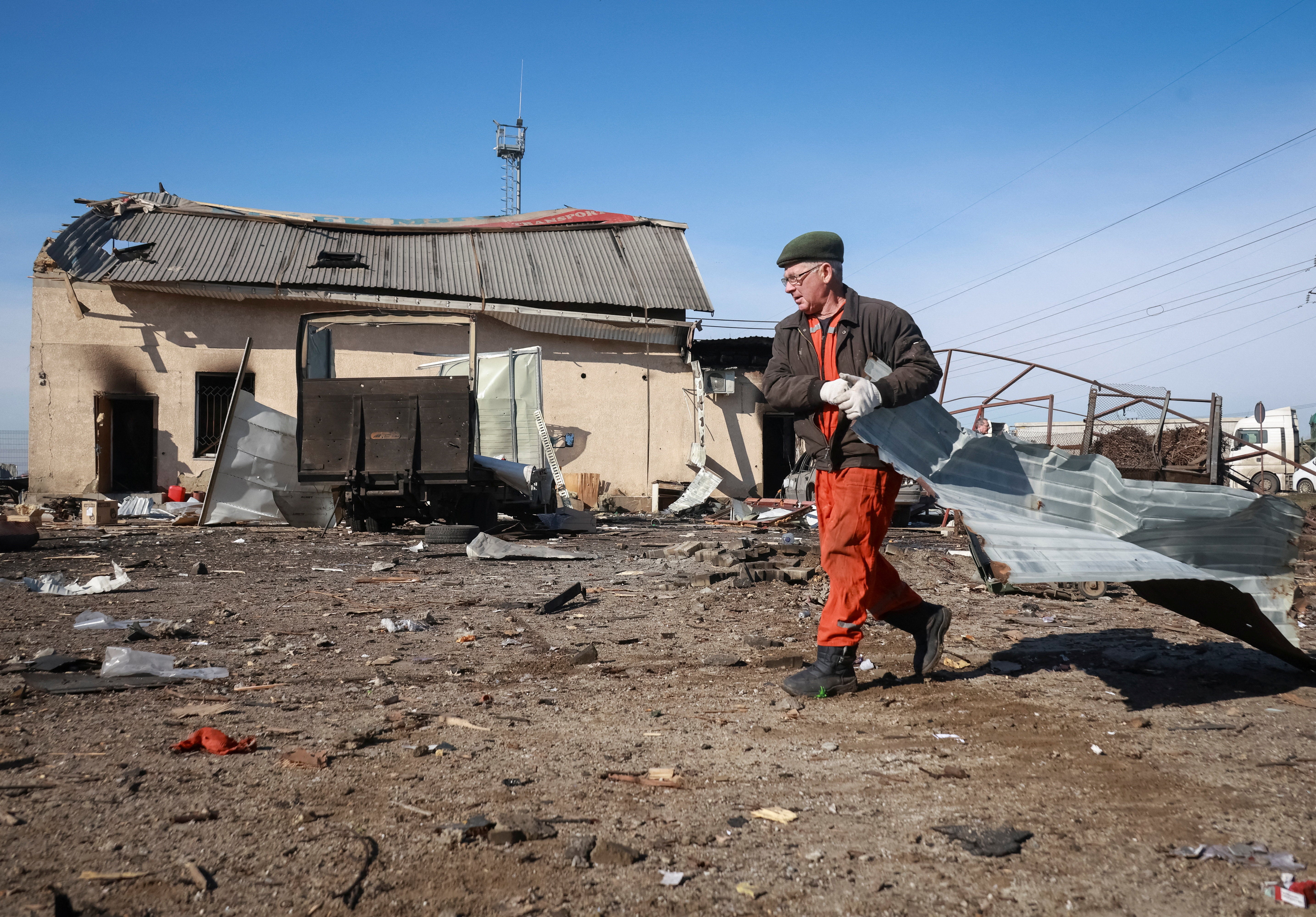 The aftermath of a drone strike near the city of Chornomorsk on Monday