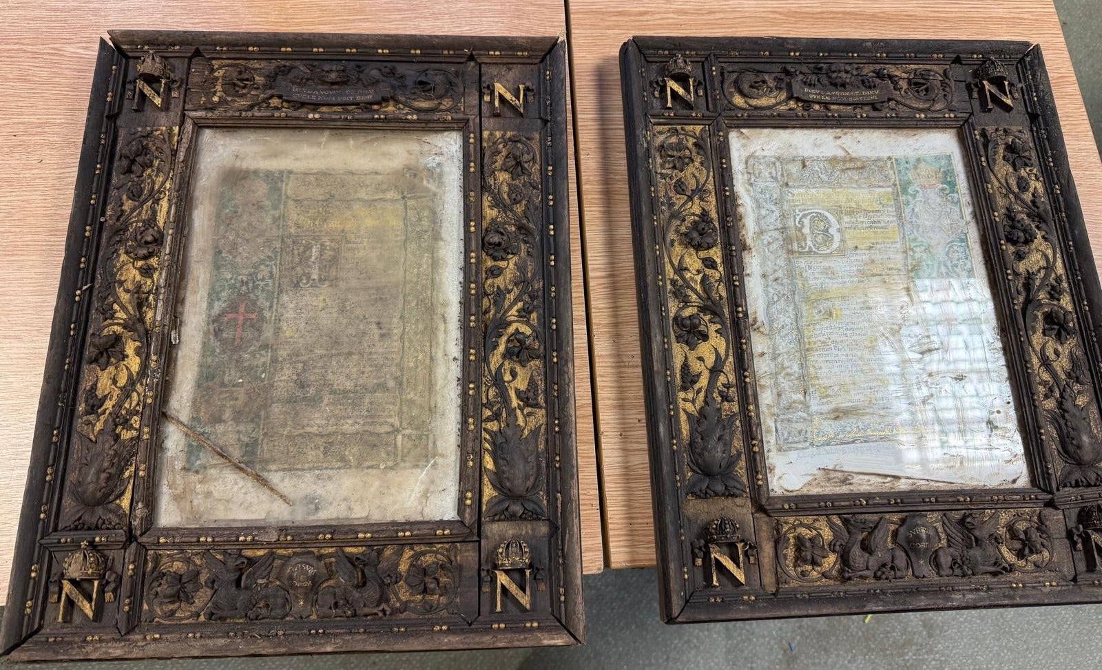 Undated handout photo issued by Hampshire Constabulary of two of three "priceless" altar plaques stolen from the crypt of Napoleon Bonaparte III in a Hampshire monastery which have been recovered after an antiques dealer recognised identifying marks from a 30-year-old episode of Lovejoy
