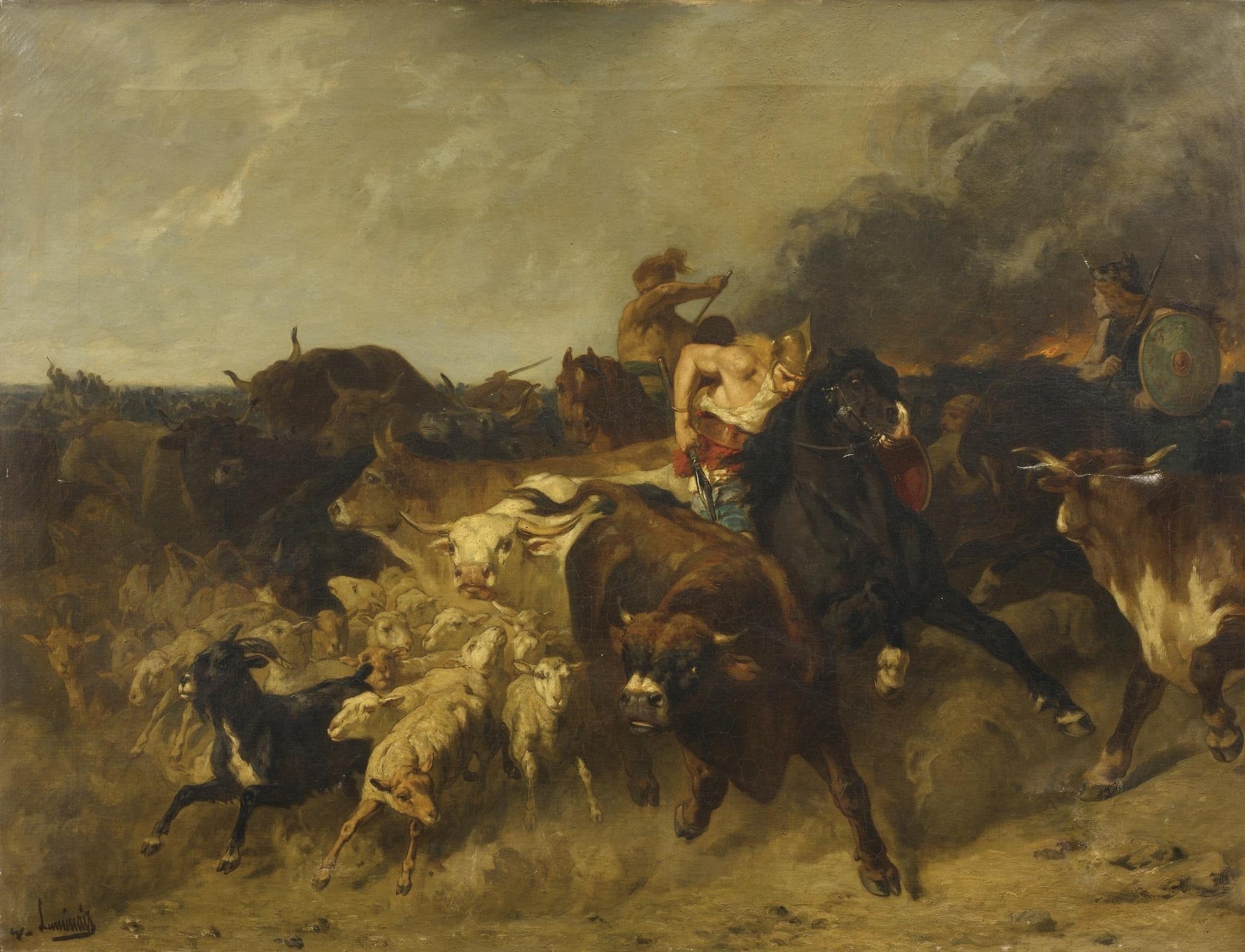 The Iron Age is often perceived as a particularly violent era. This 19th century French painting, by Évariste Vital Luminais, portrays some Iron Age European warriors engaging in a hostile act against a rival group - in this case, raiding their livestock