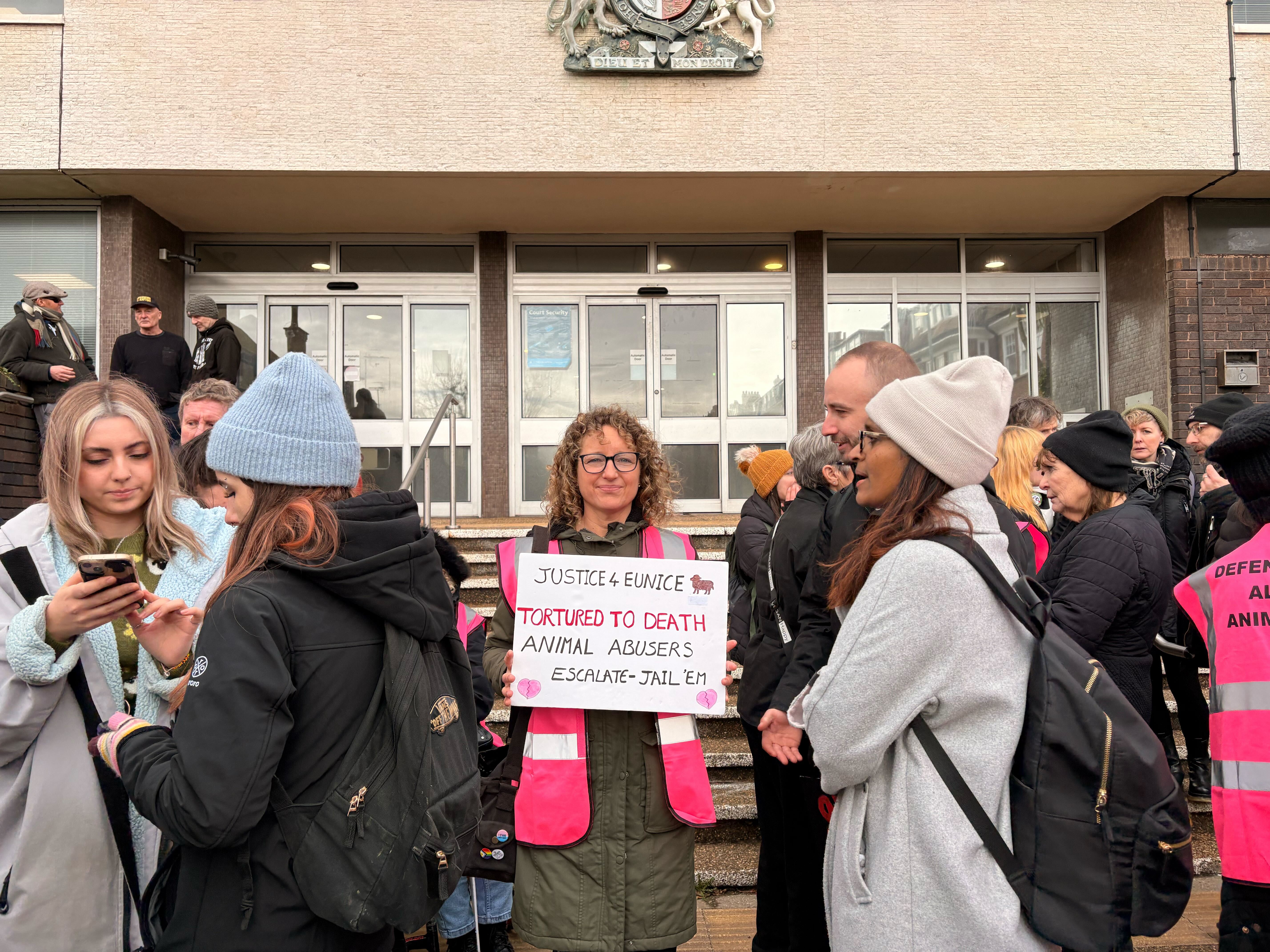 Animal rights campaigner Lorraine Stokes outside the court with fellow protesters