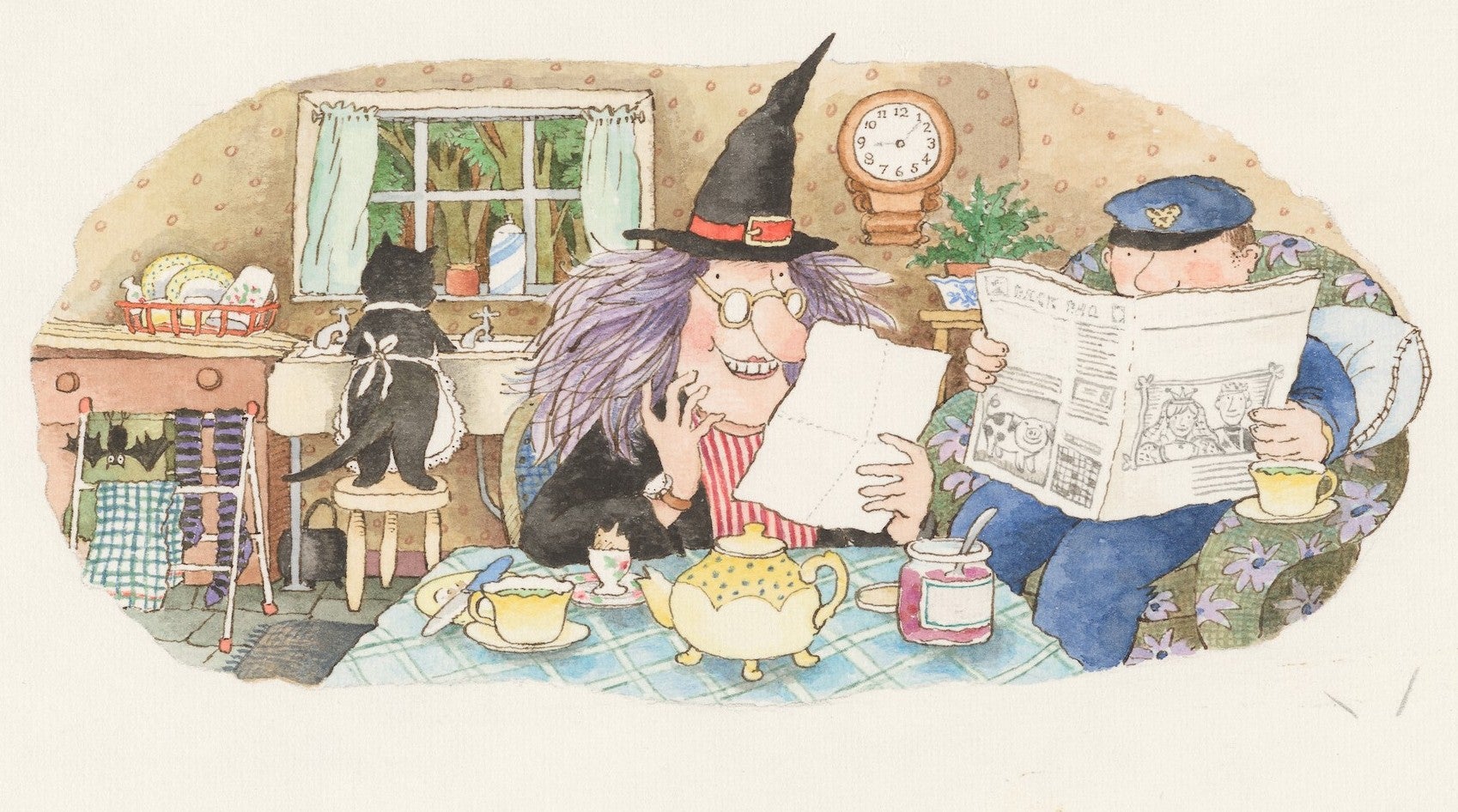 Оригинално уметничко дело за вештичину колибу, где Весели поштар избегава да пије шољу зеленог чаја, а мачка пере веш
