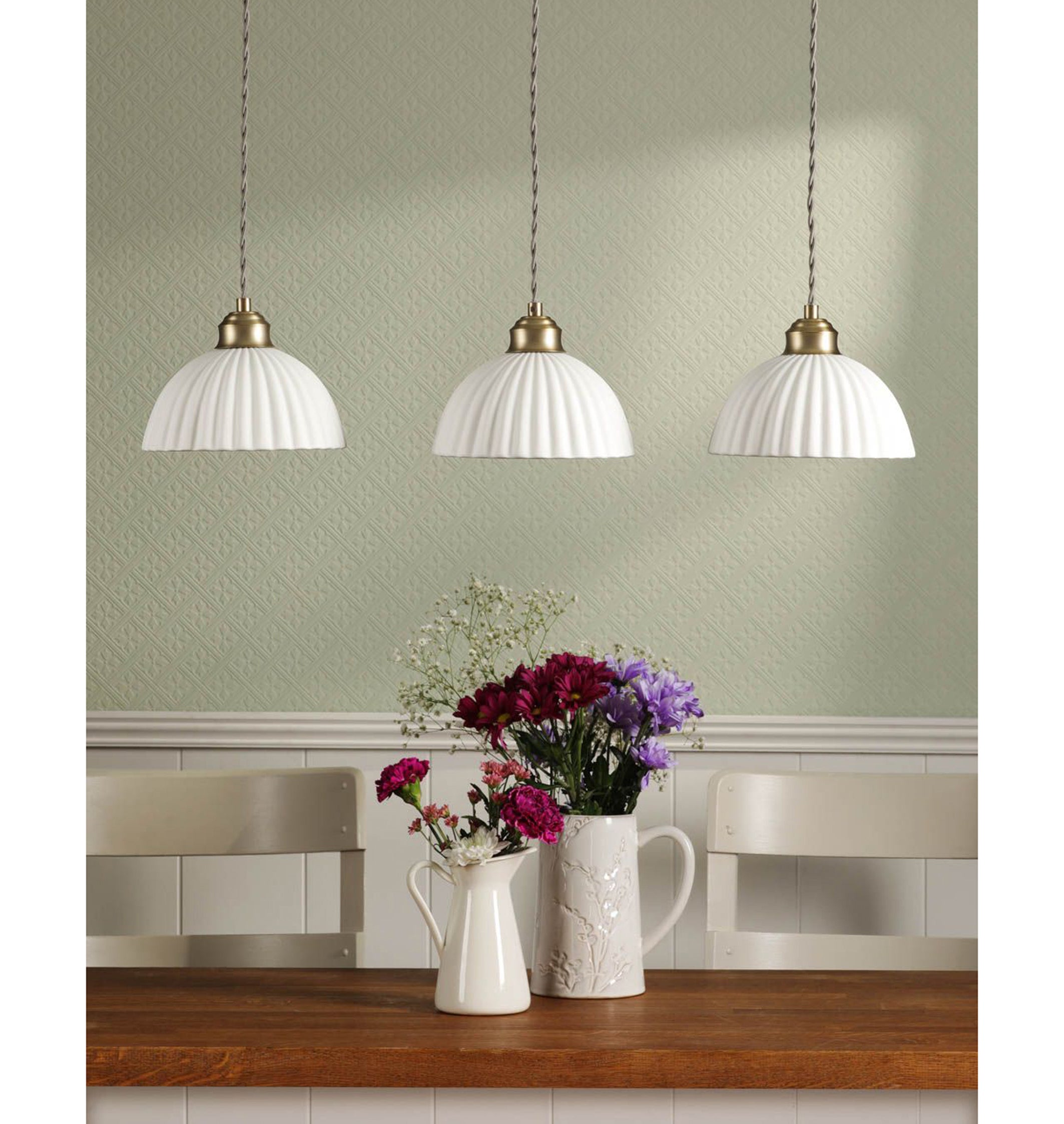 Laura Ashley Durford 3 Light Bar Pendant Matt Antique Brass And White Ceramic, Dar Lighting