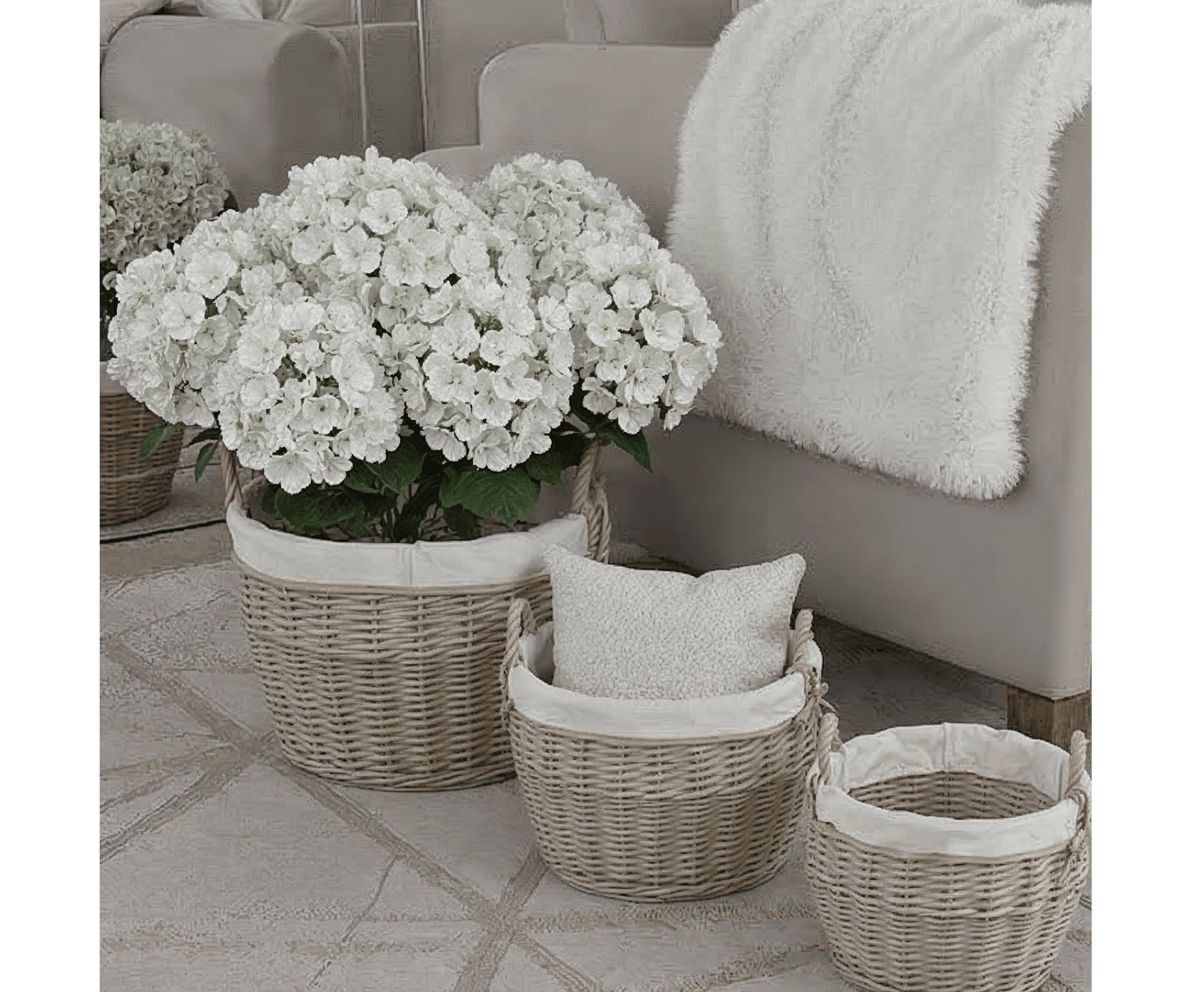 Ferro Round Lined Wicker Baskets, Set of 3, Rowen