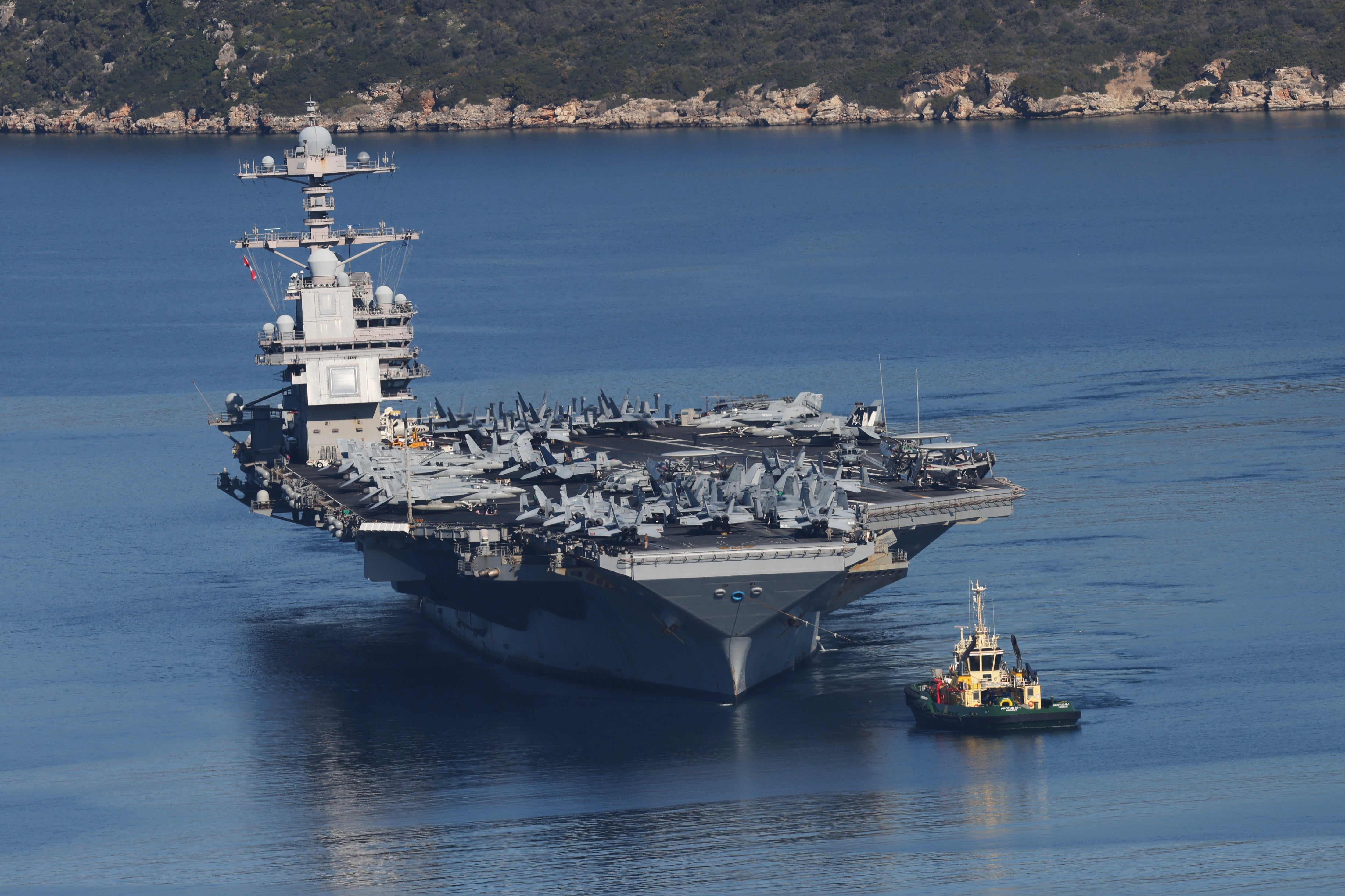 The USS Gerald R Ford, the world’s largest aircraft carrier, departs from Crete for Israel on Thursday