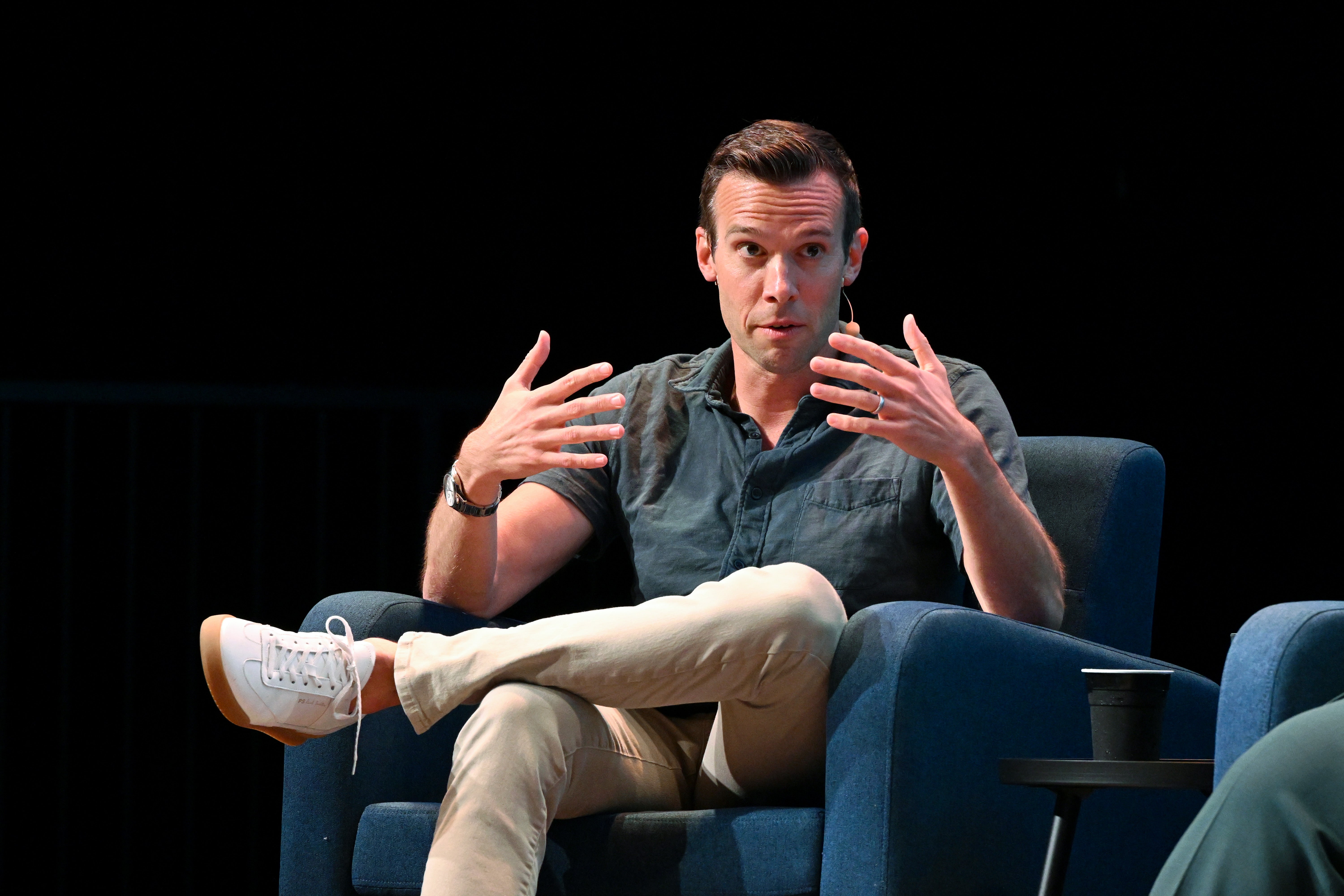 on Favreau speaks onstage during the Crooked Media Pod Save America: The Democracy or Else Tour