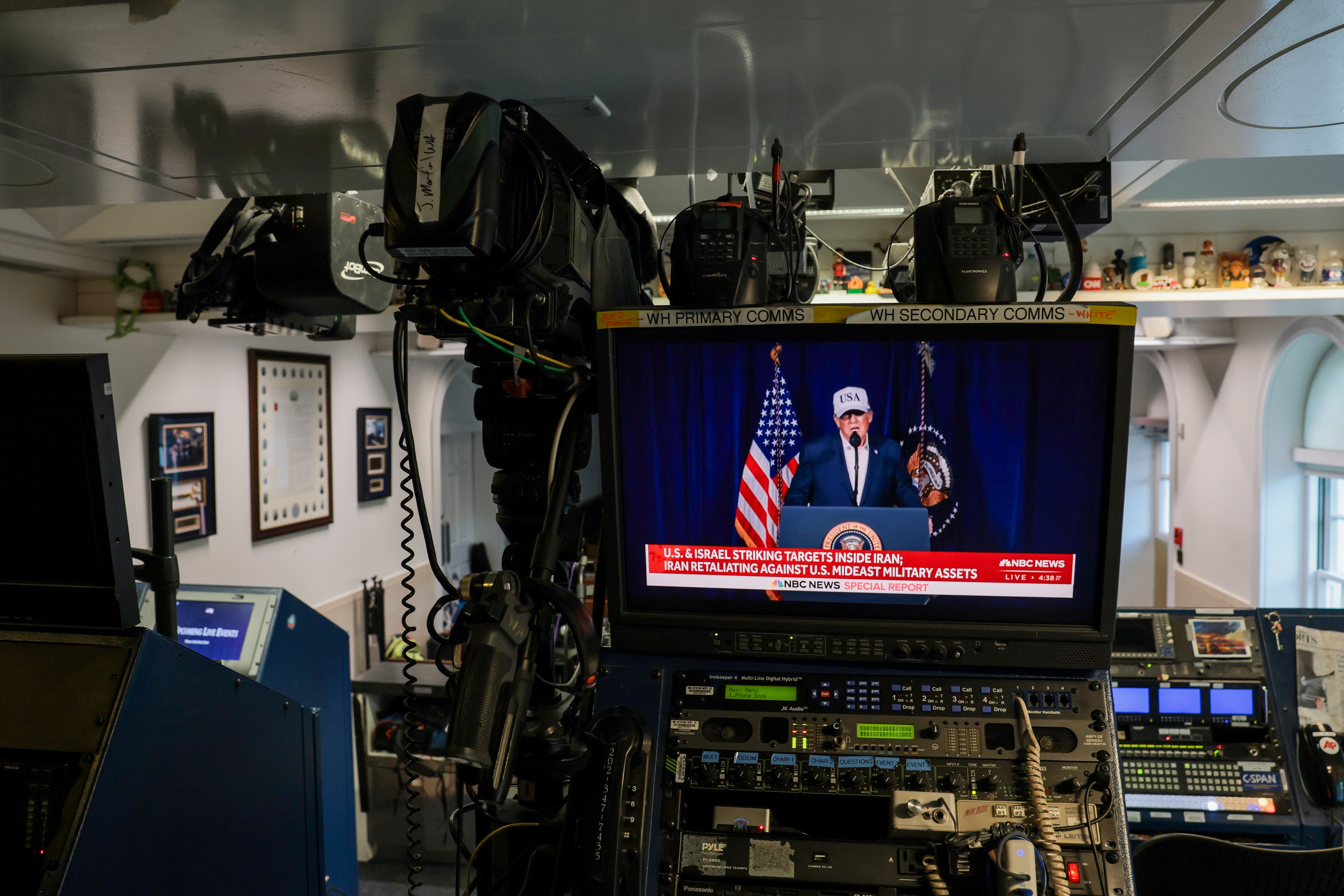 NBC News live feed airs a clip from U.S. President Donald Trump's Truth Social video announcement in the White House James S. Brady Press Briefing Room
