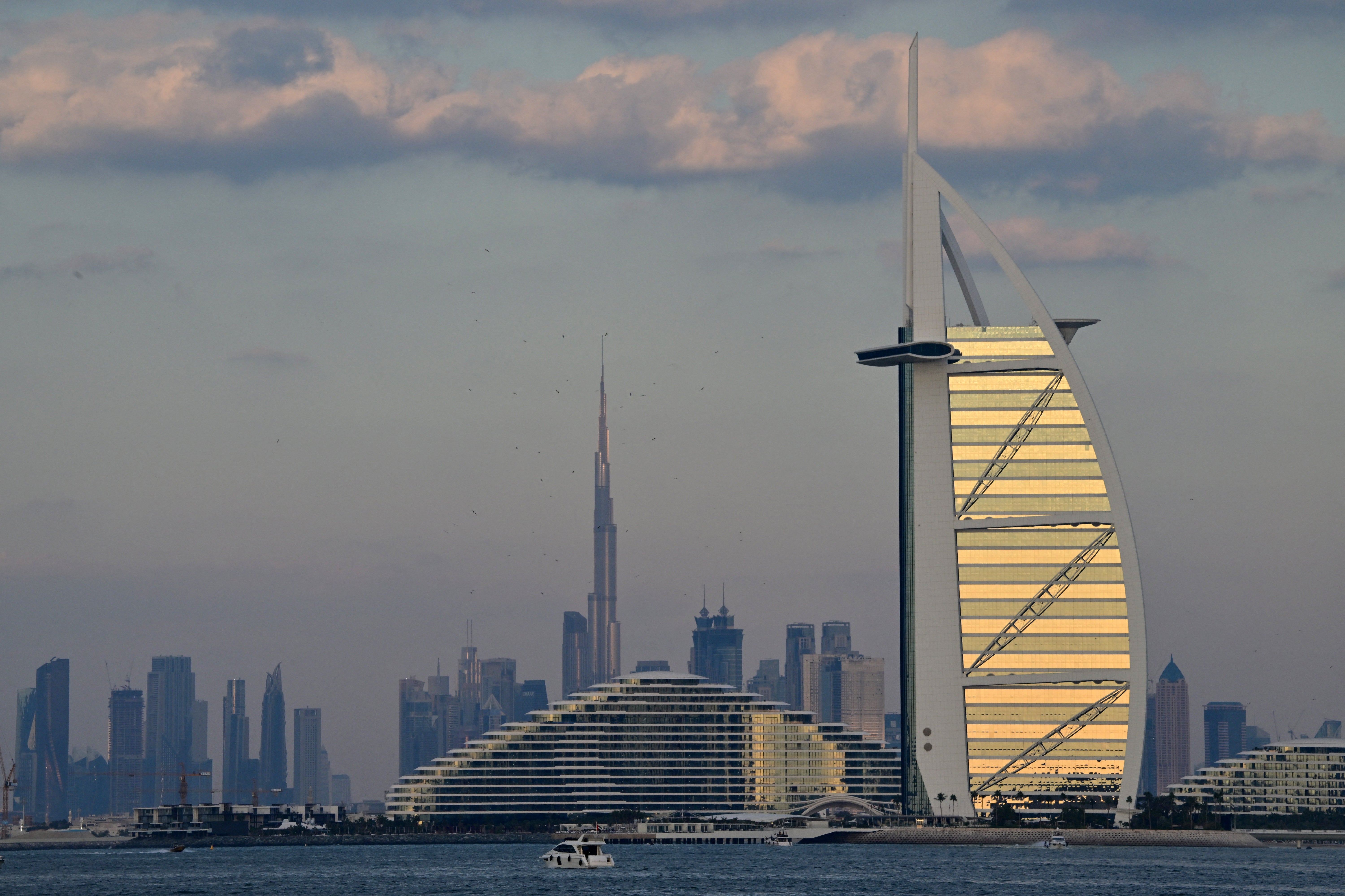 The Burj al-Arab tower, an iconic hotel in Dubai, caught fire after being hit by shot-down Iranian drone