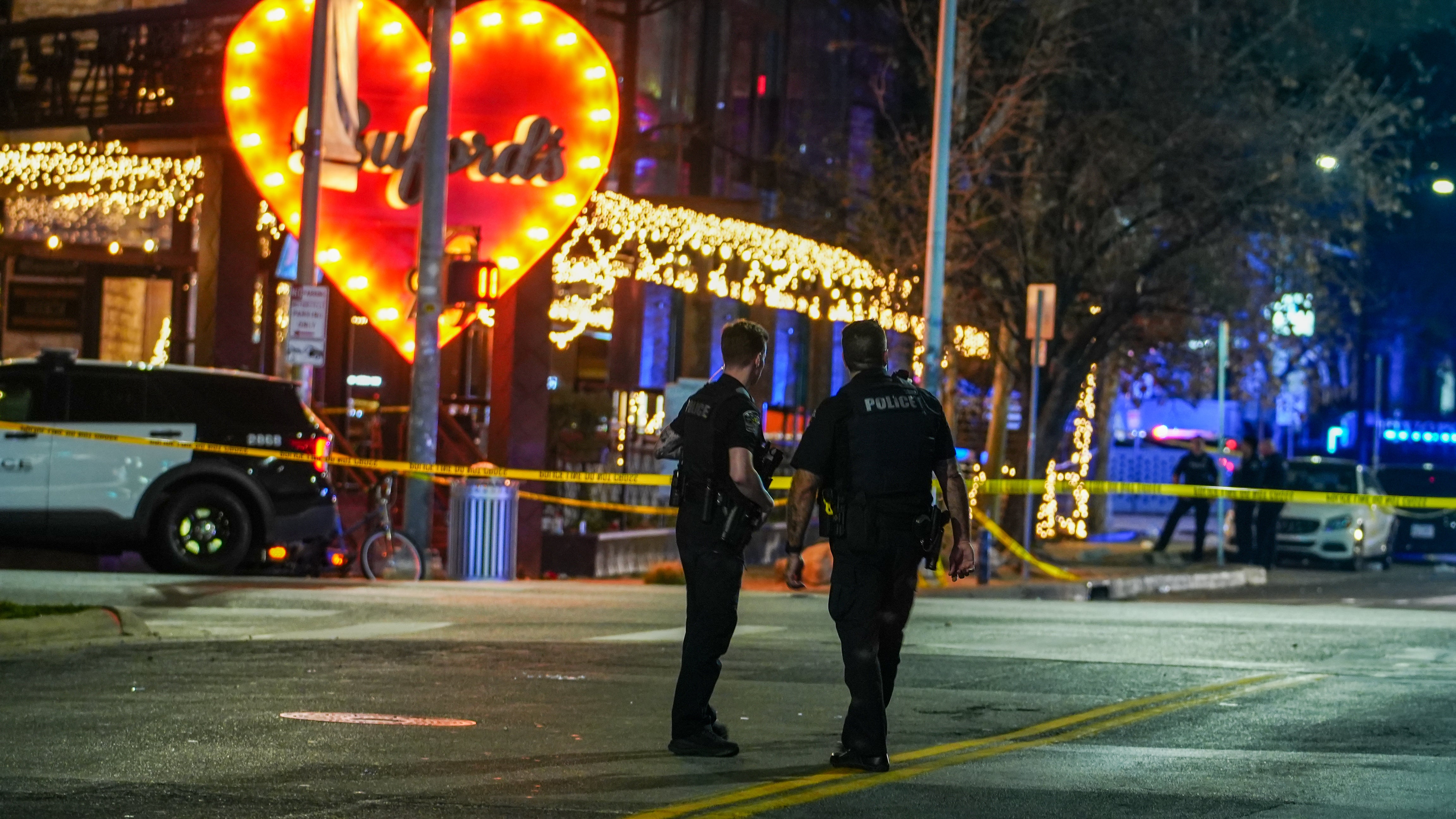 Law enforcement officers outside Buford’s beer garden in Austin, Texas following a mass shooting that left three dead and 14 wounded on March 1, 2026