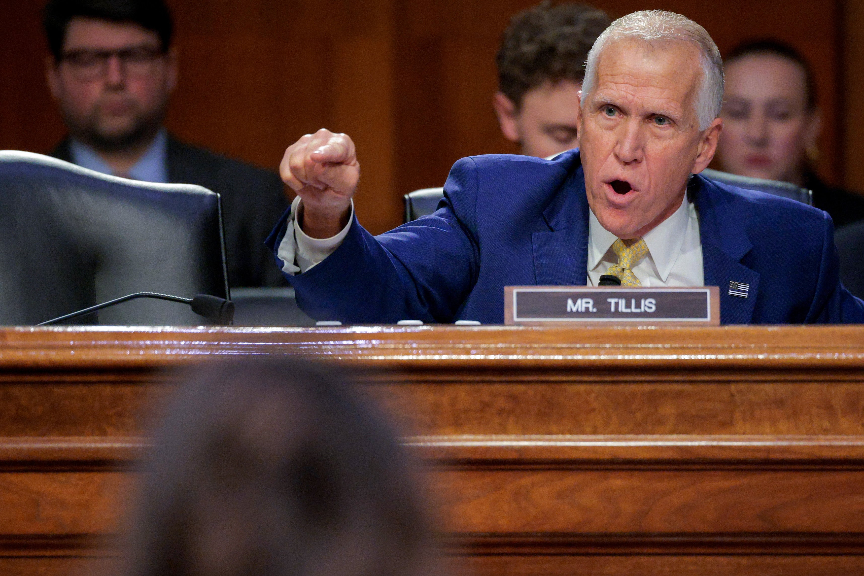 Tillis was 1 of nan first Republicans to telephone for Department of Homeland Security Kristi Noem’s resignation